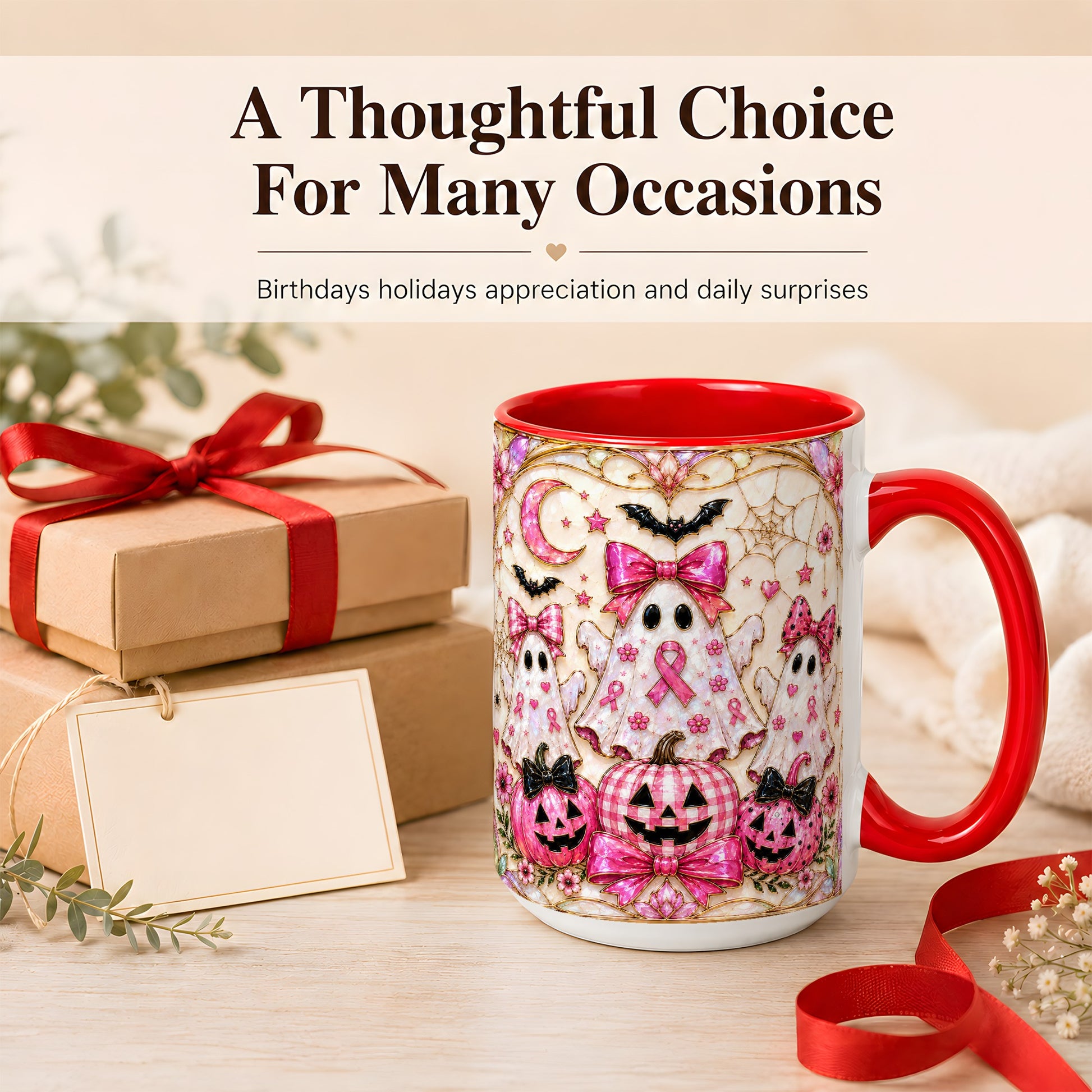 #pl[15oz|Red] Pink Ghost Trio Coffee Mug, Halloween Ghost Mug, Ceramic Cup