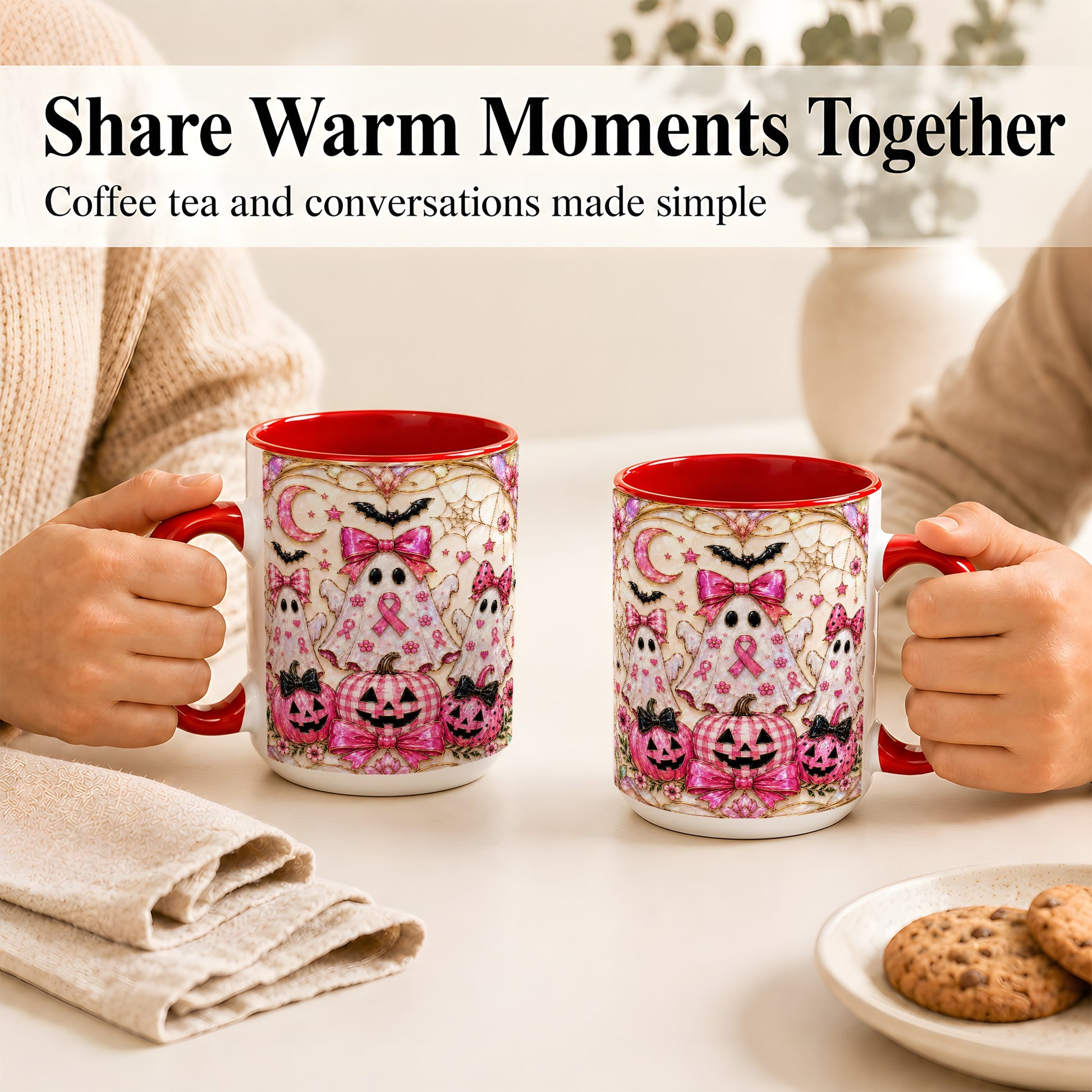 #pl[15oz|Red] Pink Ghost Trio Coffee Mug, Halloween Ghost Mug, Ceramic Cup