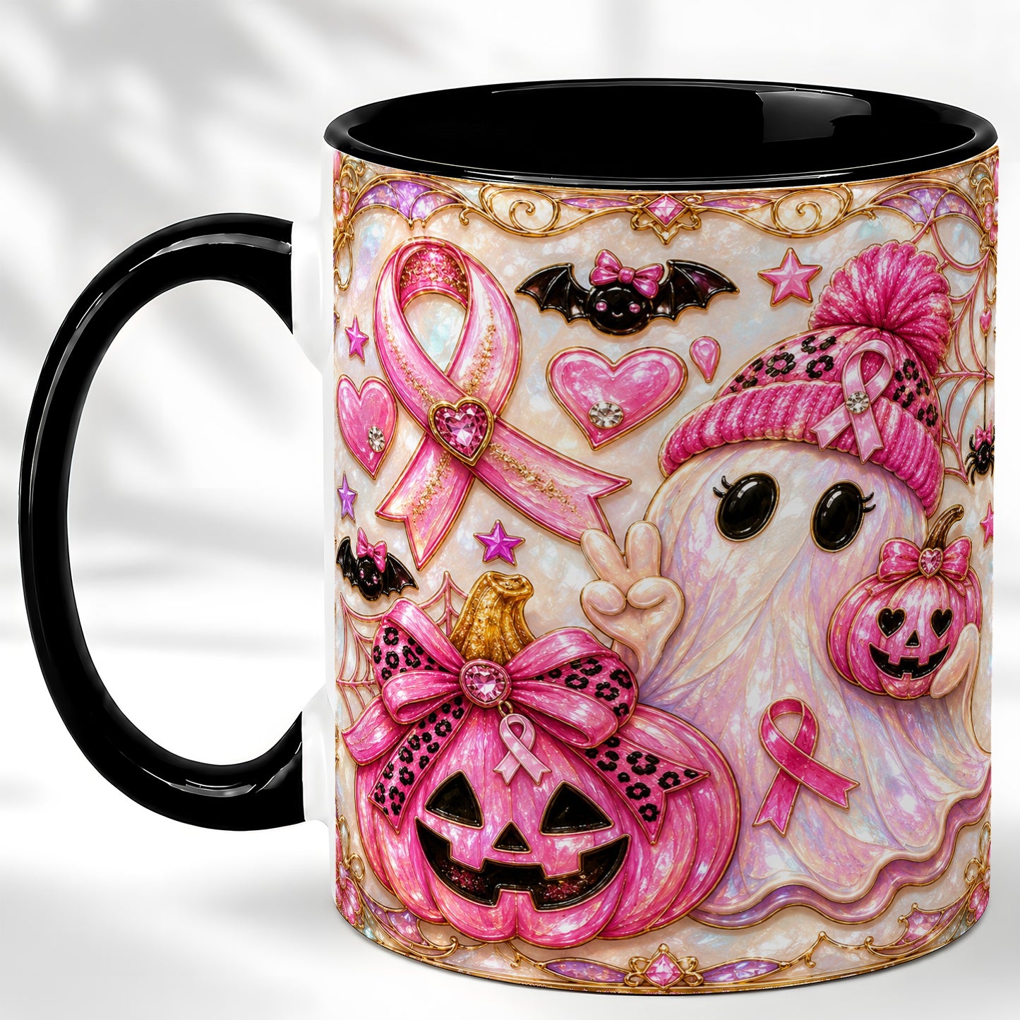 #pl[11oz|Black] Pink Ribbon Ghost Coffee Mug, Halloween Awareness Mug, Ceramic Cup