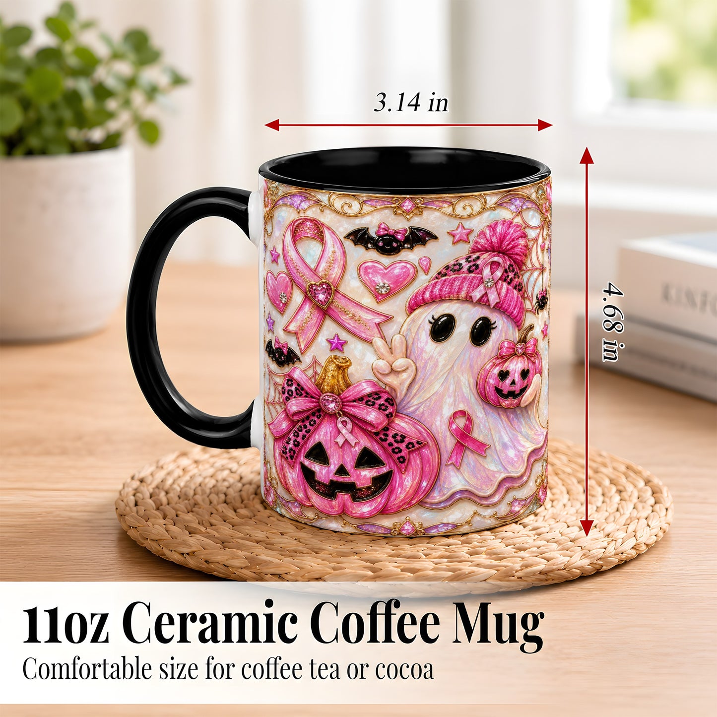 #pl[11oz|Black] Pink Ribbon Ghost Coffee Mug, Halloween Awareness Mug, Ceramic Cup