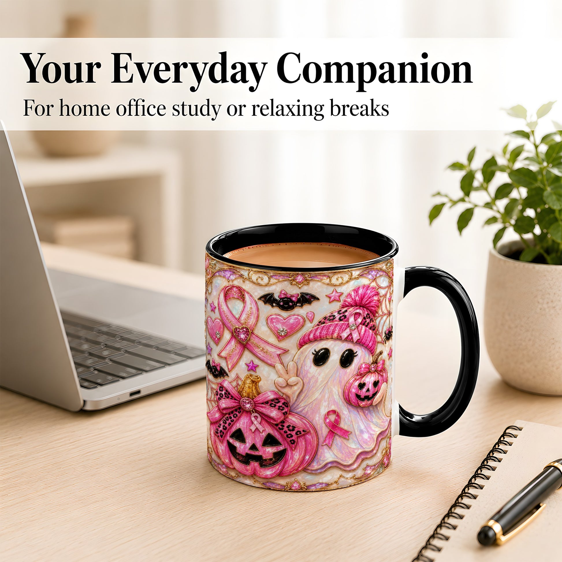 #pl[11oz|Black] Pink Ribbon Ghost Coffee Mug, Halloween Awareness Mug, Ceramic Cup