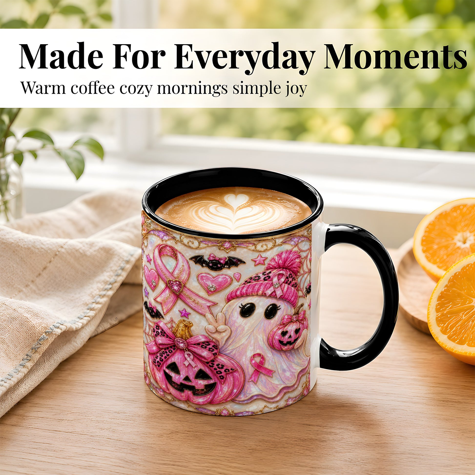 #pl[11oz|Black] Pink Ribbon Ghost Coffee Mug, Halloween Awareness Mug, Ceramic Cup