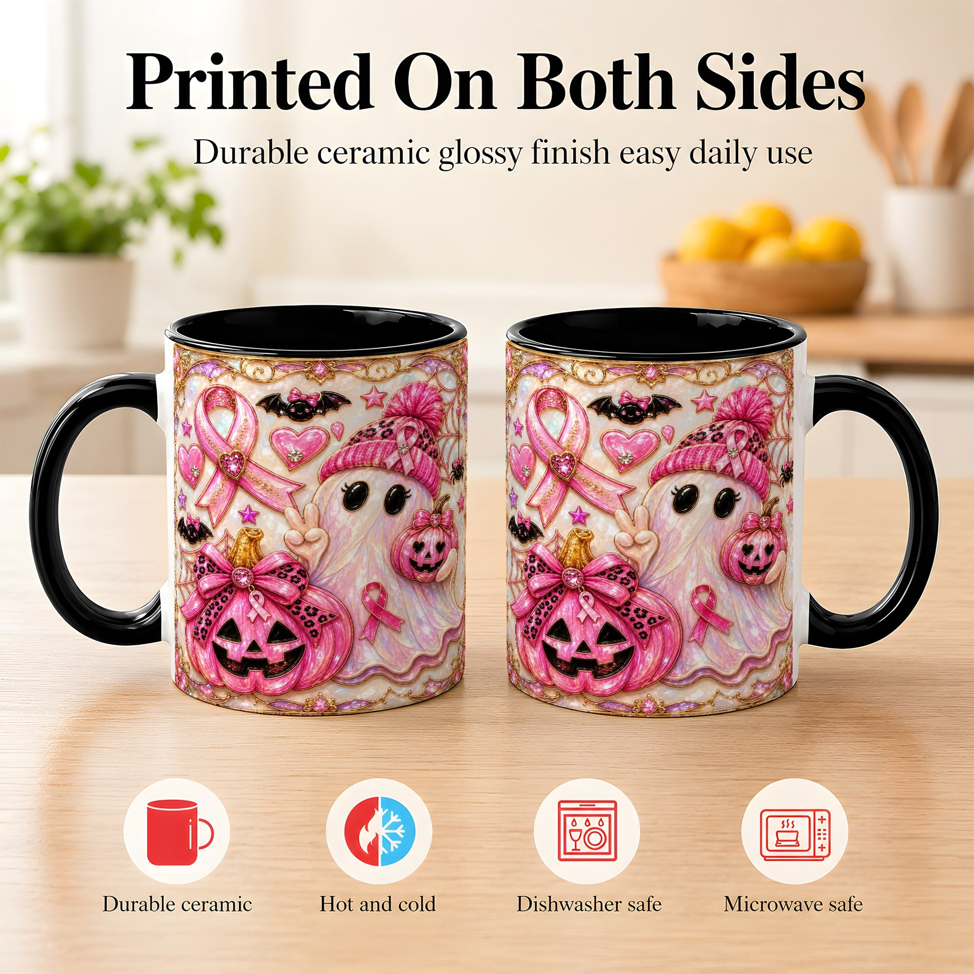 #pl[11oz|Black] Pink Ribbon Ghost Coffee Mug, Halloween Awareness Mug, Ceramic Cup