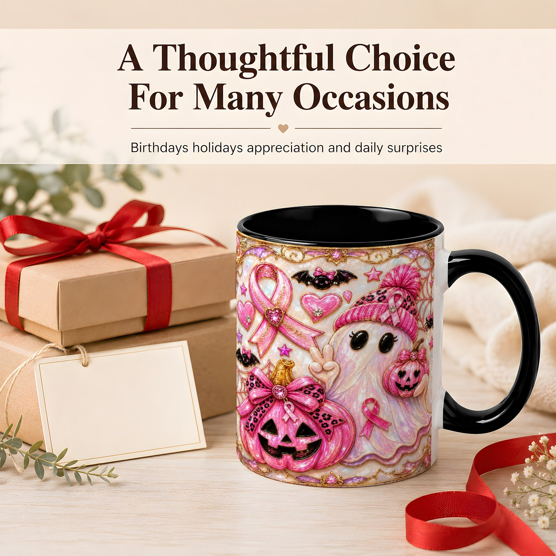 #pl[11oz|Black] Pink Ribbon Ghost Coffee Mug, Halloween Awareness Mug, Ceramic Cup