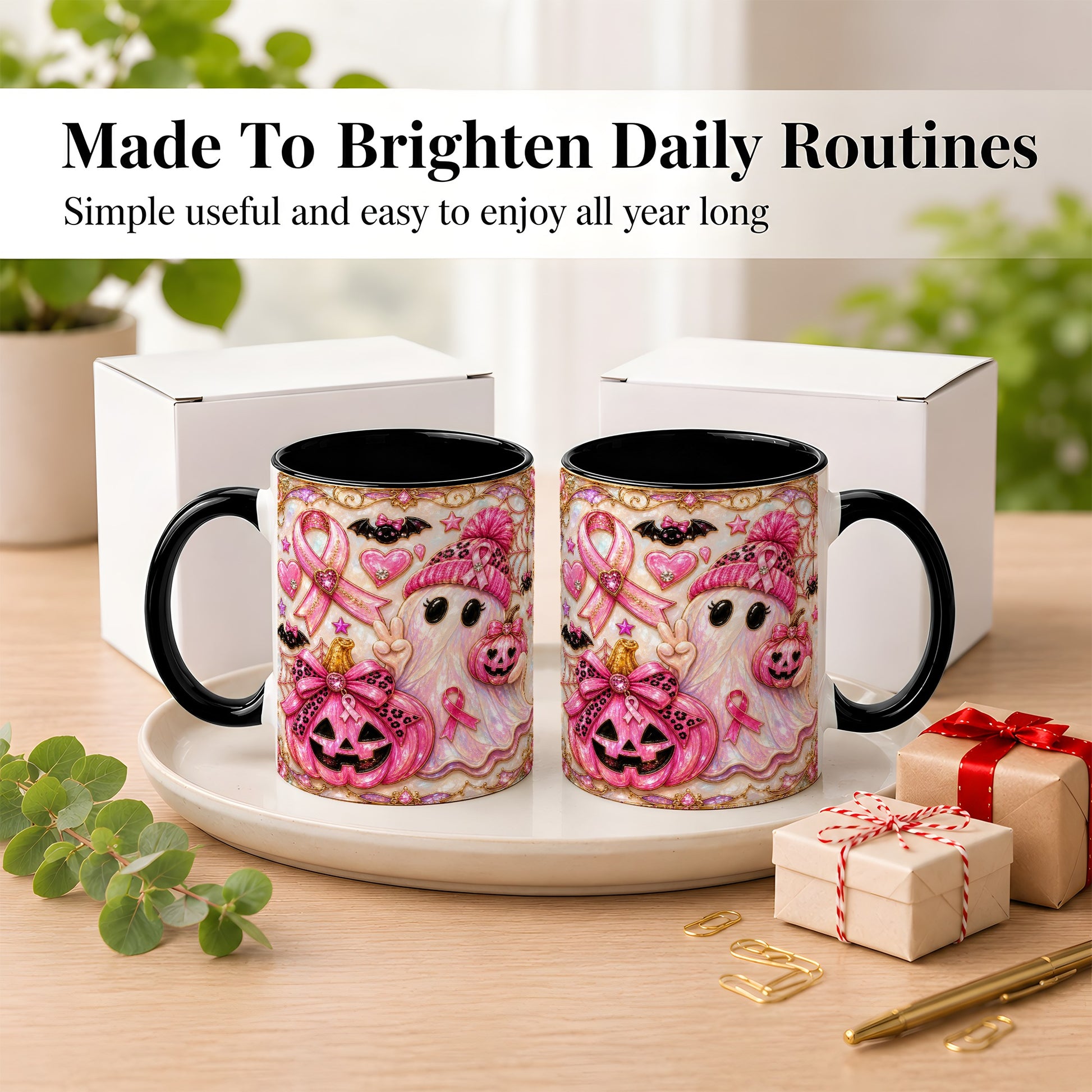 #pl[11oz|Black] Pink Ribbon Ghost Coffee Mug, Halloween Awareness Mug, Ceramic Cup