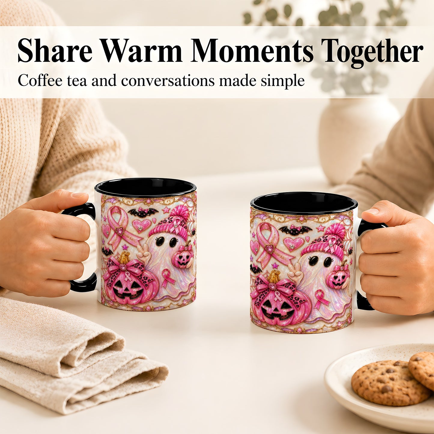 #pl[11oz|Black] Pink Ribbon Ghost Coffee Mug, Halloween Awareness Mug, Ceramic Cup
