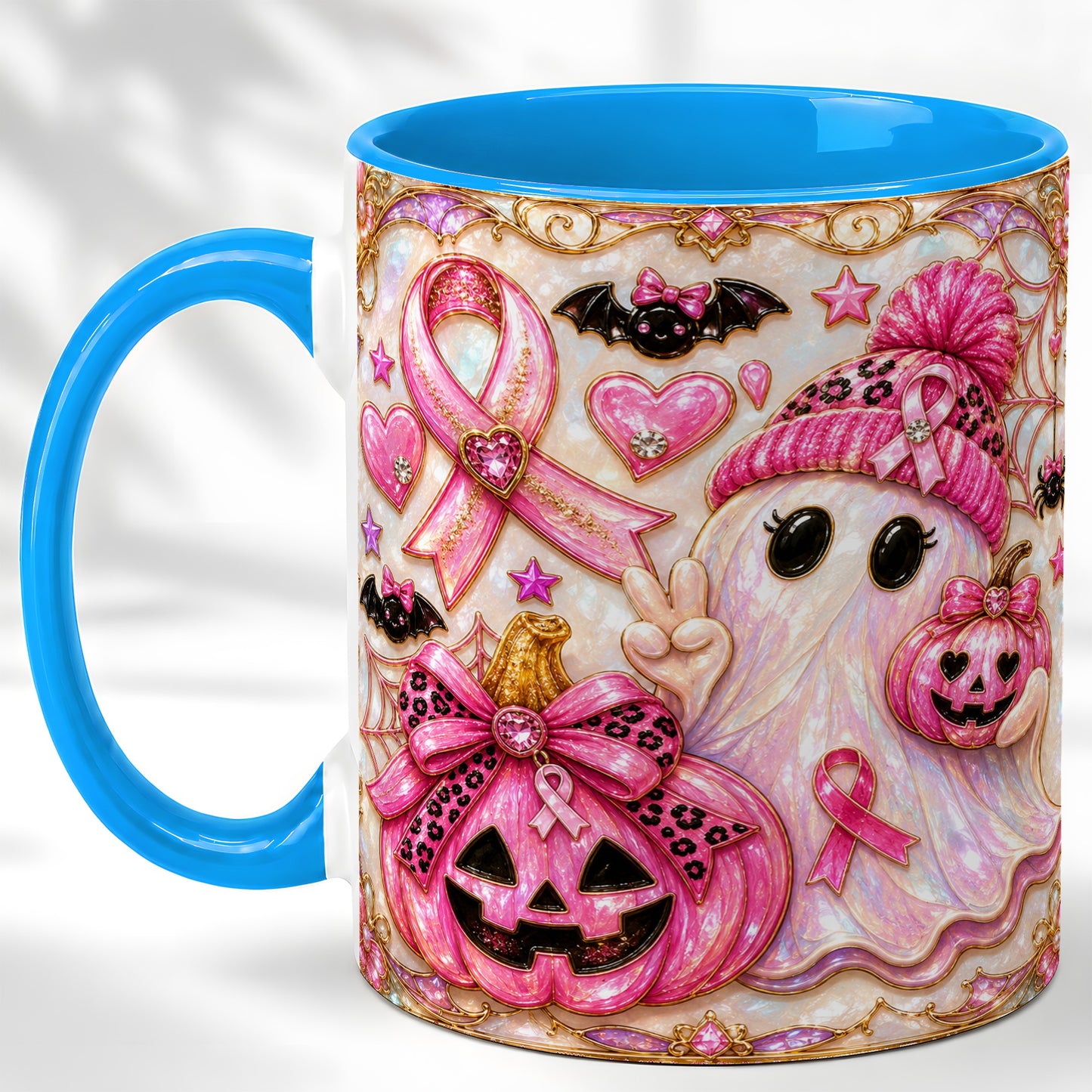 #pl[11oz|Blue] Pink Ribbon Ghost Coffee Mug, Halloween Awareness Mug, Ceramic Cup