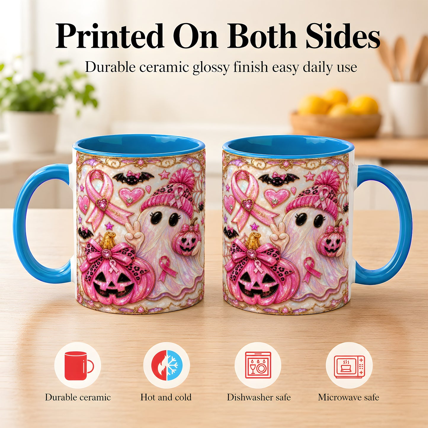 #pl[11oz|Blue] Pink Ribbon Ghost Coffee Mug, Halloween Awareness Mug, Ceramic Cup