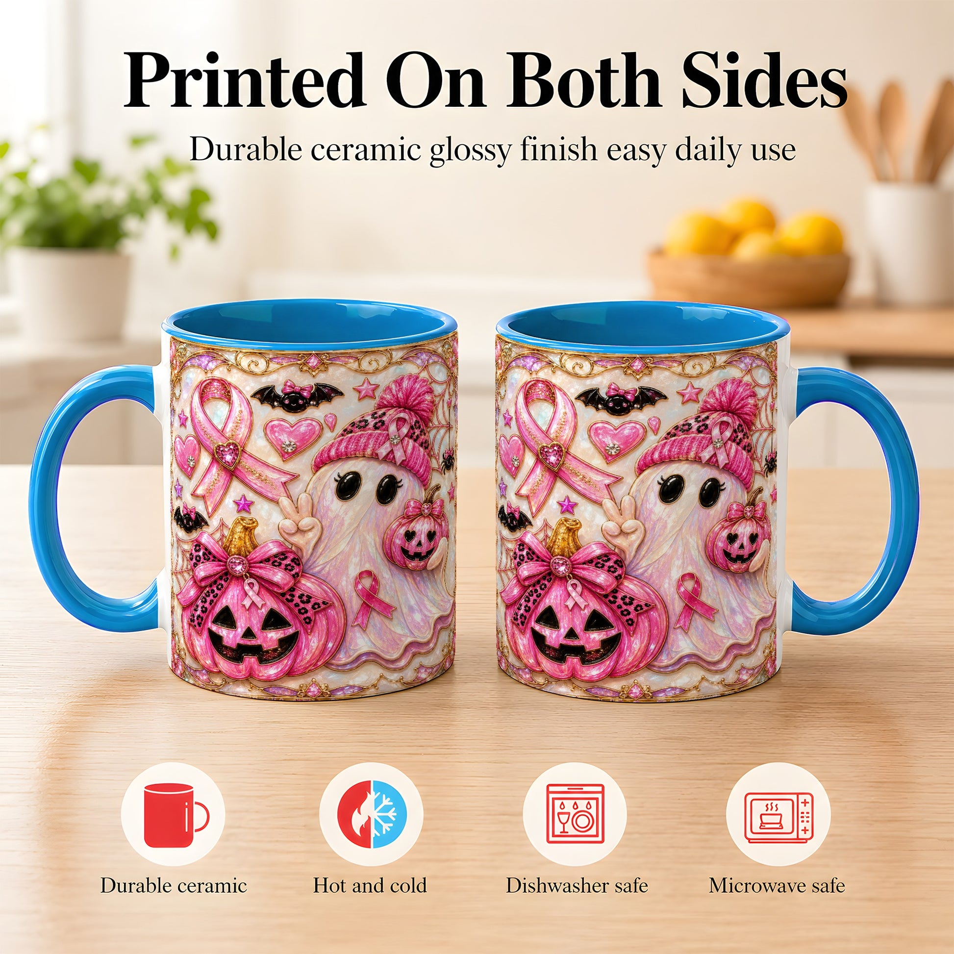#pl[11oz|Blue] Pink Ribbon Ghost Coffee Mug, Halloween Awareness Mug, Ceramic Cup