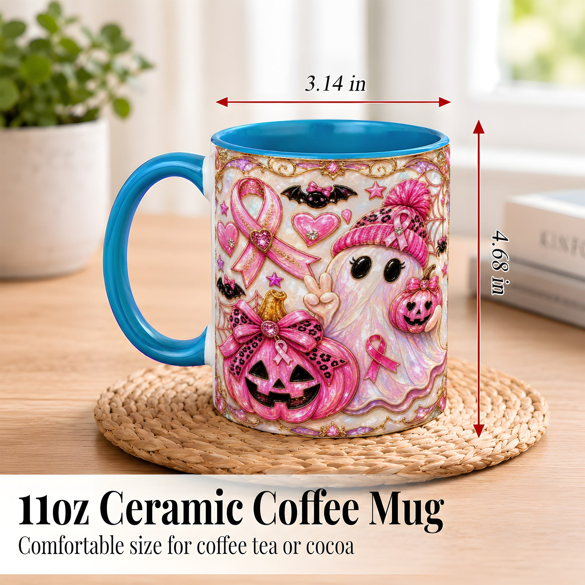#pl[11oz|Blue] Pink Ribbon Ghost Coffee Mug, Halloween Awareness Mug, Ceramic Cup