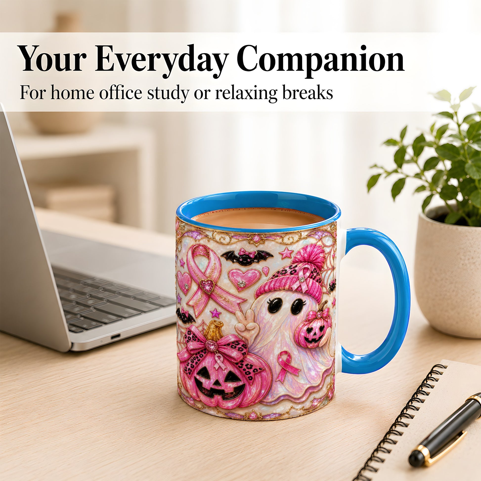 #pl[11oz|Blue] Pink Ribbon Ghost Coffee Mug, Halloween Awareness Mug, Ceramic Cup