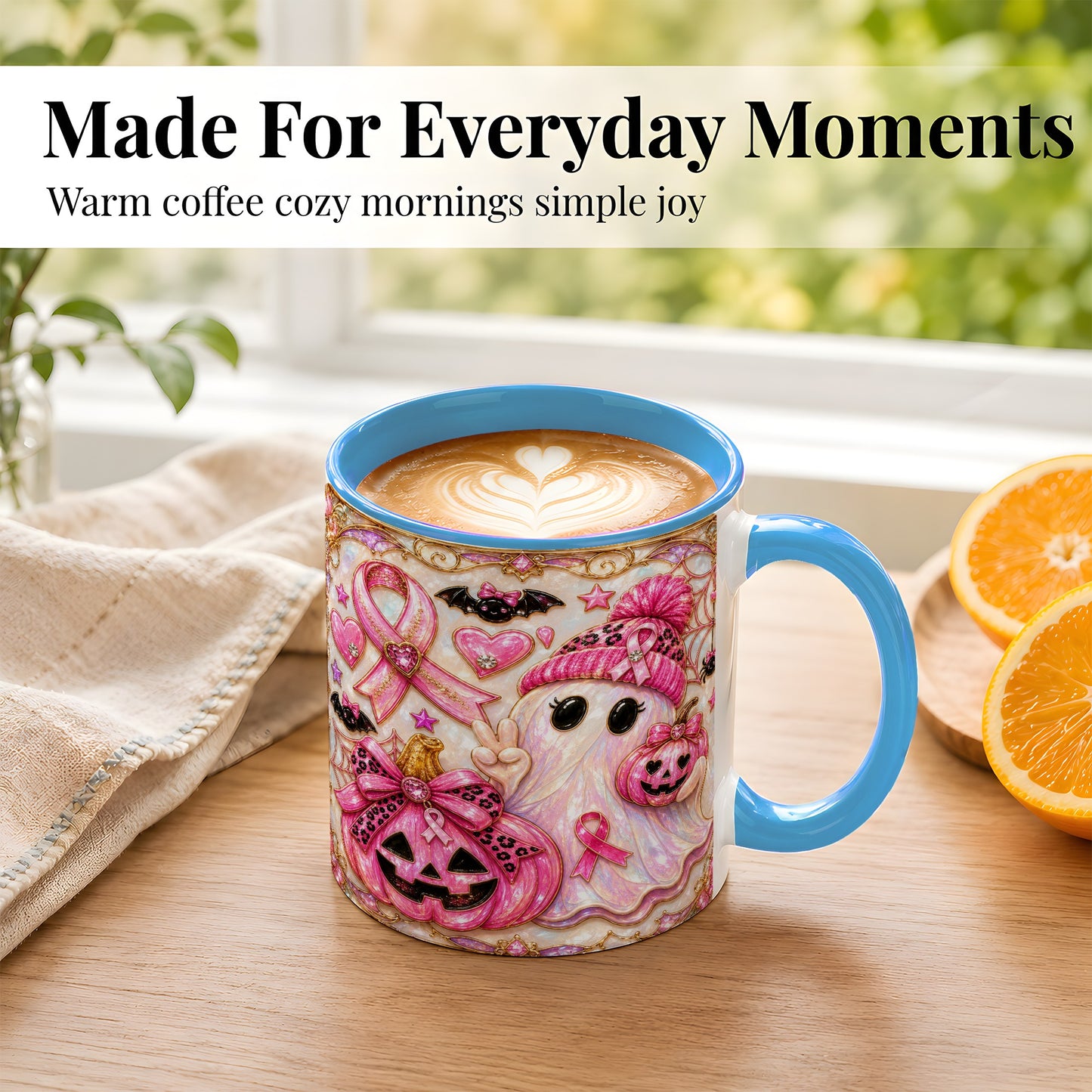 #pl[11oz|Blue] Pink Ribbon Ghost Coffee Mug, Halloween Awareness Mug, Ceramic Cup