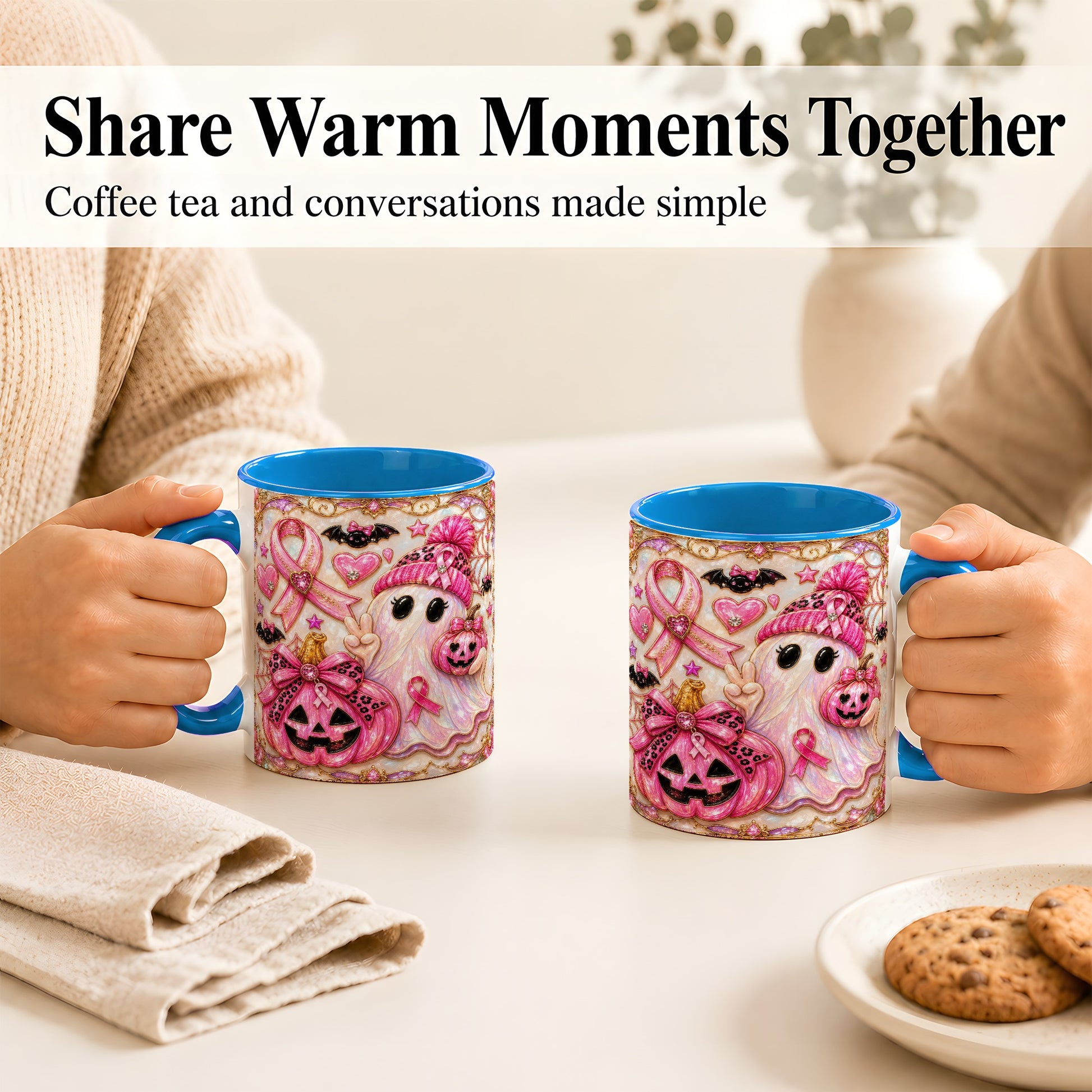 #pl[11oz|Blue] Pink Ribbon Ghost Coffee Mug, Halloween Awareness Mug, Ceramic Cup