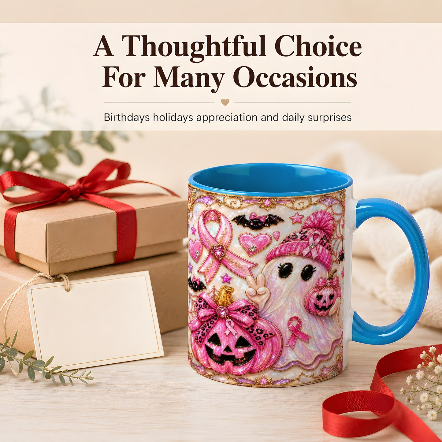 #pl[11oz|Blue] Pink Ribbon Ghost Coffee Mug, Halloween Awareness Mug, Ceramic Cup