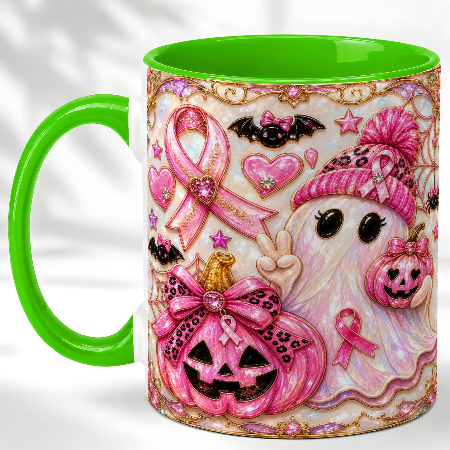 #pl[11oz|Green] Pink Ribbon Ghost Coffee Mug, Halloween Awareness Mug, Ceramic Cup