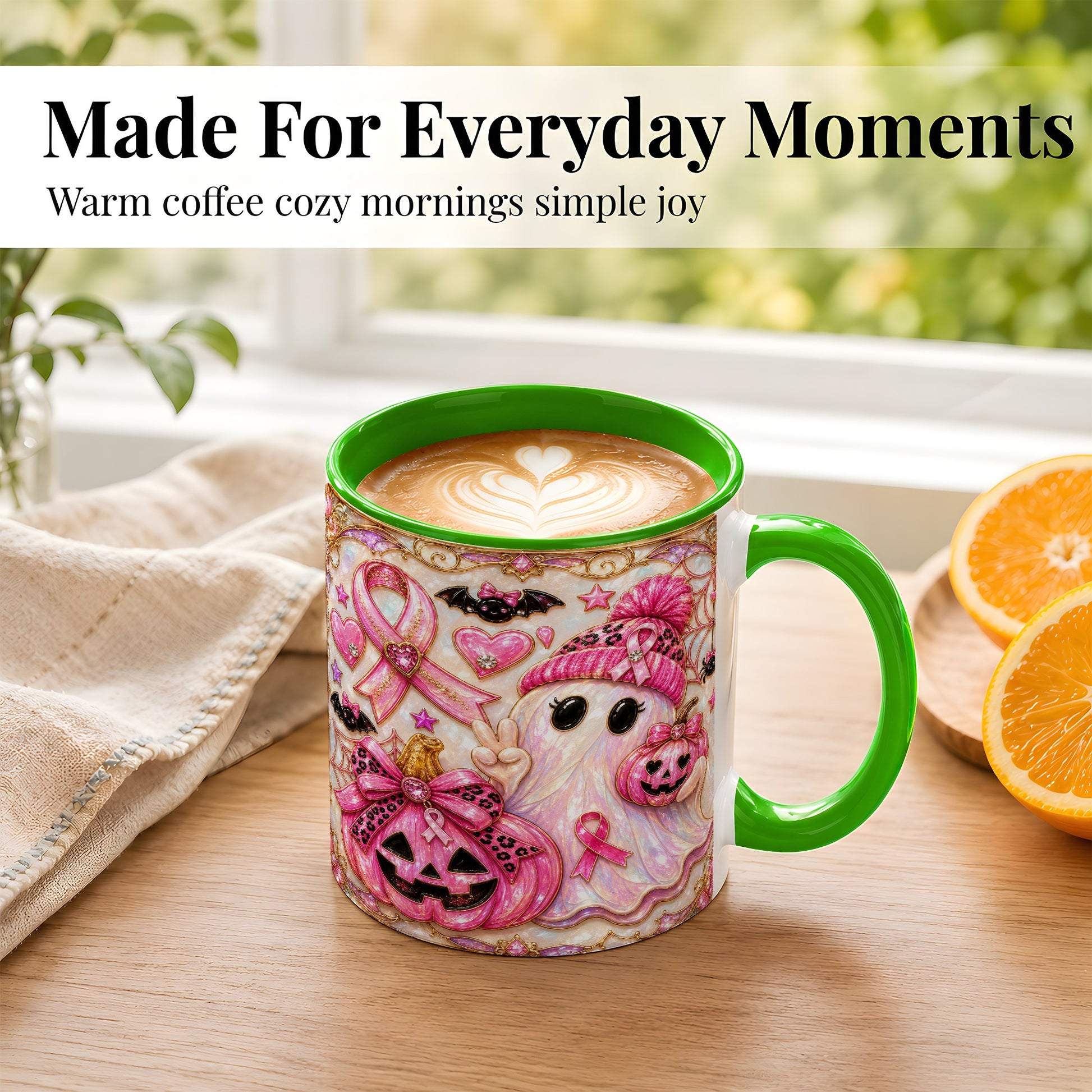 #pl[11oz|Green] Pink Ribbon Ghost Coffee Mug, Halloween Awareness Mug, Ceramic Cup