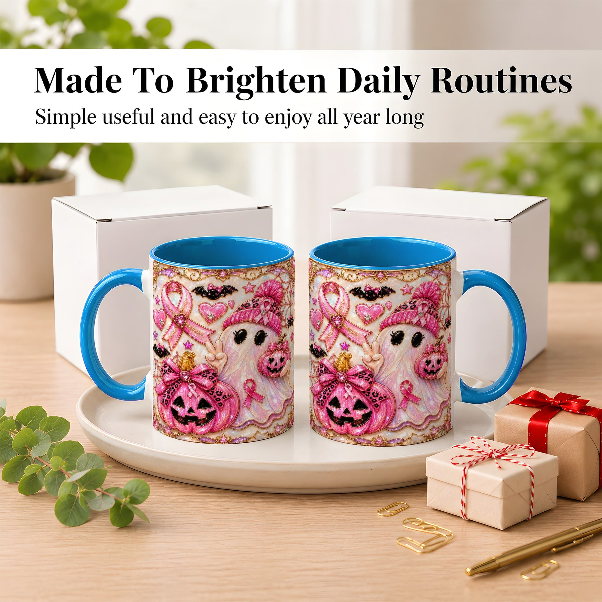 #pl[11oz|Blue] Pink Ribbon Ghost Coffee Mug, Halloween Awareness Mug, Ceramic Cup