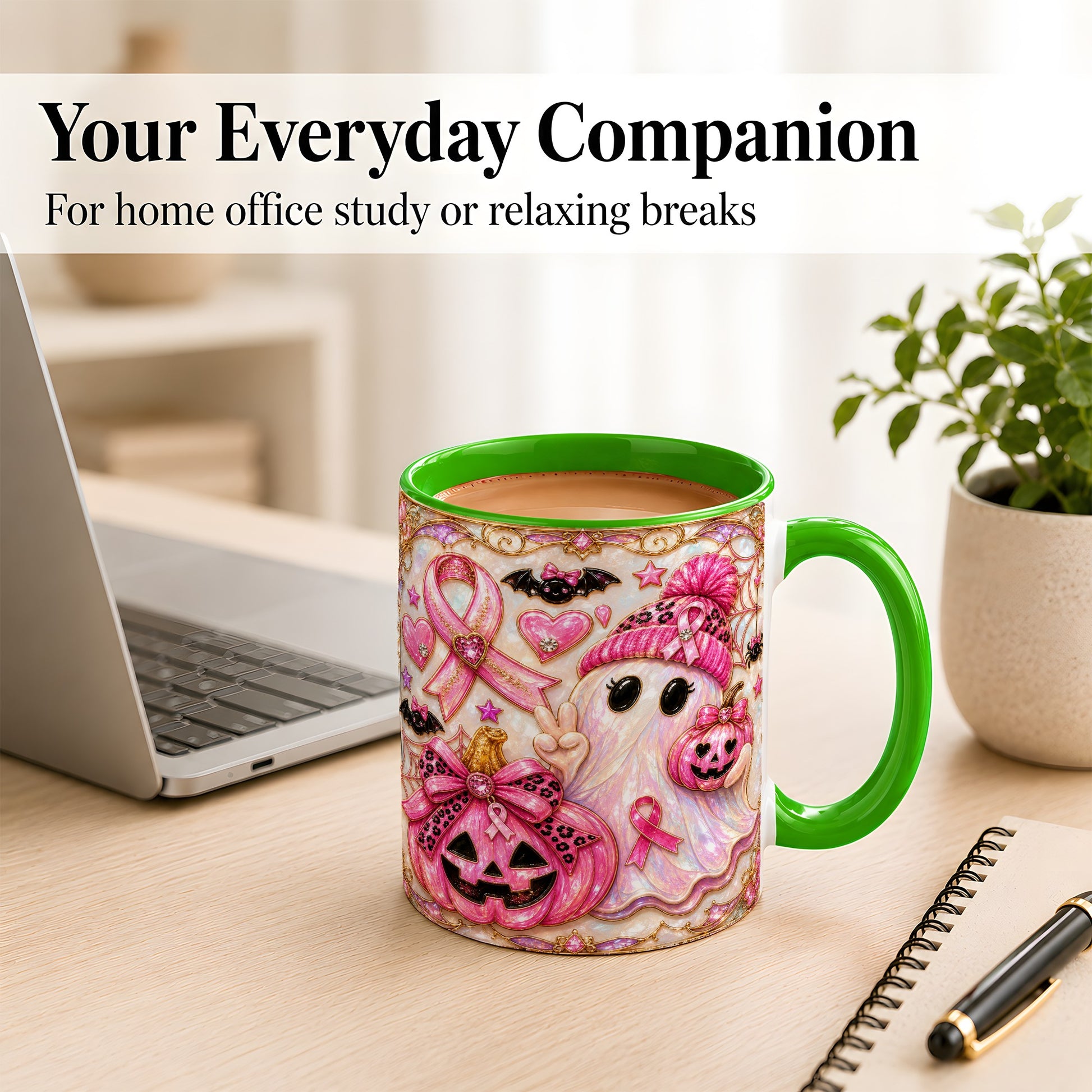 #pl[11oz|Green] Pink Ribbon Ghost Coffee Mug, Halloween Awareness Mug, Ceramic Cup