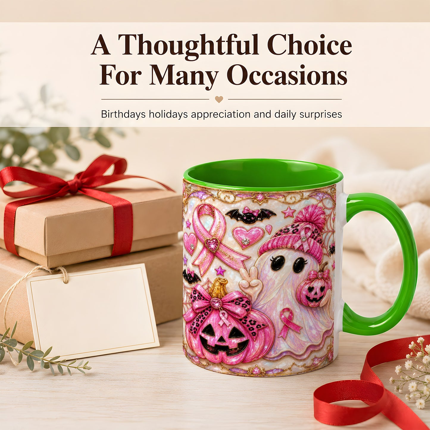 #pl[11oz|Green] Pink Ribbon Ghost Coffee Mug, Halloween Awareness Mug, Ceramic Cup