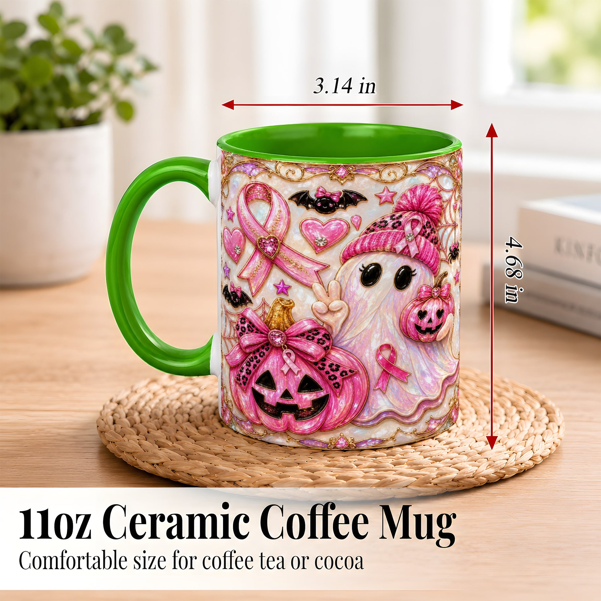 #pl[11oz|Green] Pink Ribbon Ghost Coffee Mug, Halloween Awareness Mug, Ceramic Cup