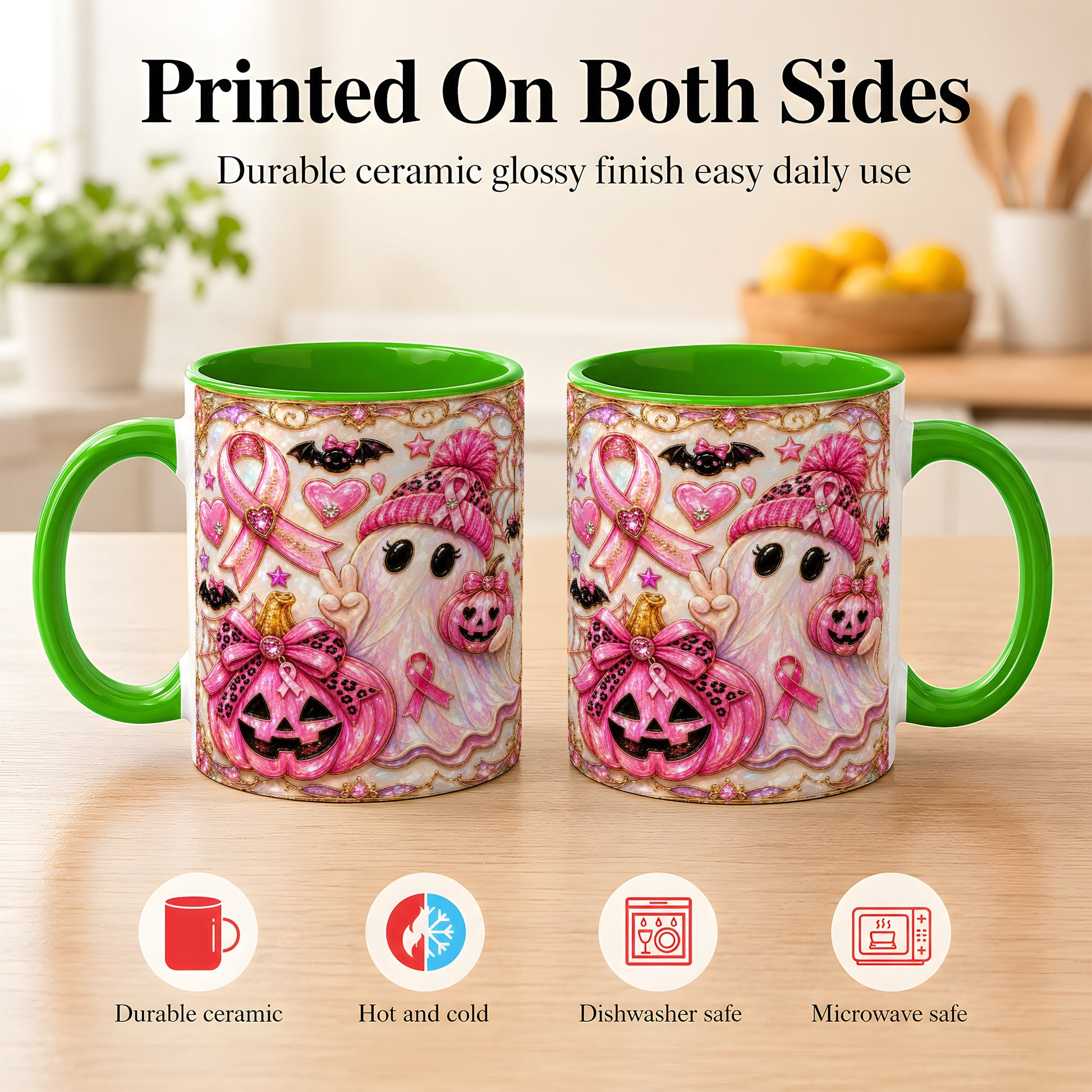 #pl[11oz|Green] Pink Ribbon Ghost Coffee Mug, Halloween Awareness Mug, Ceramic Cup