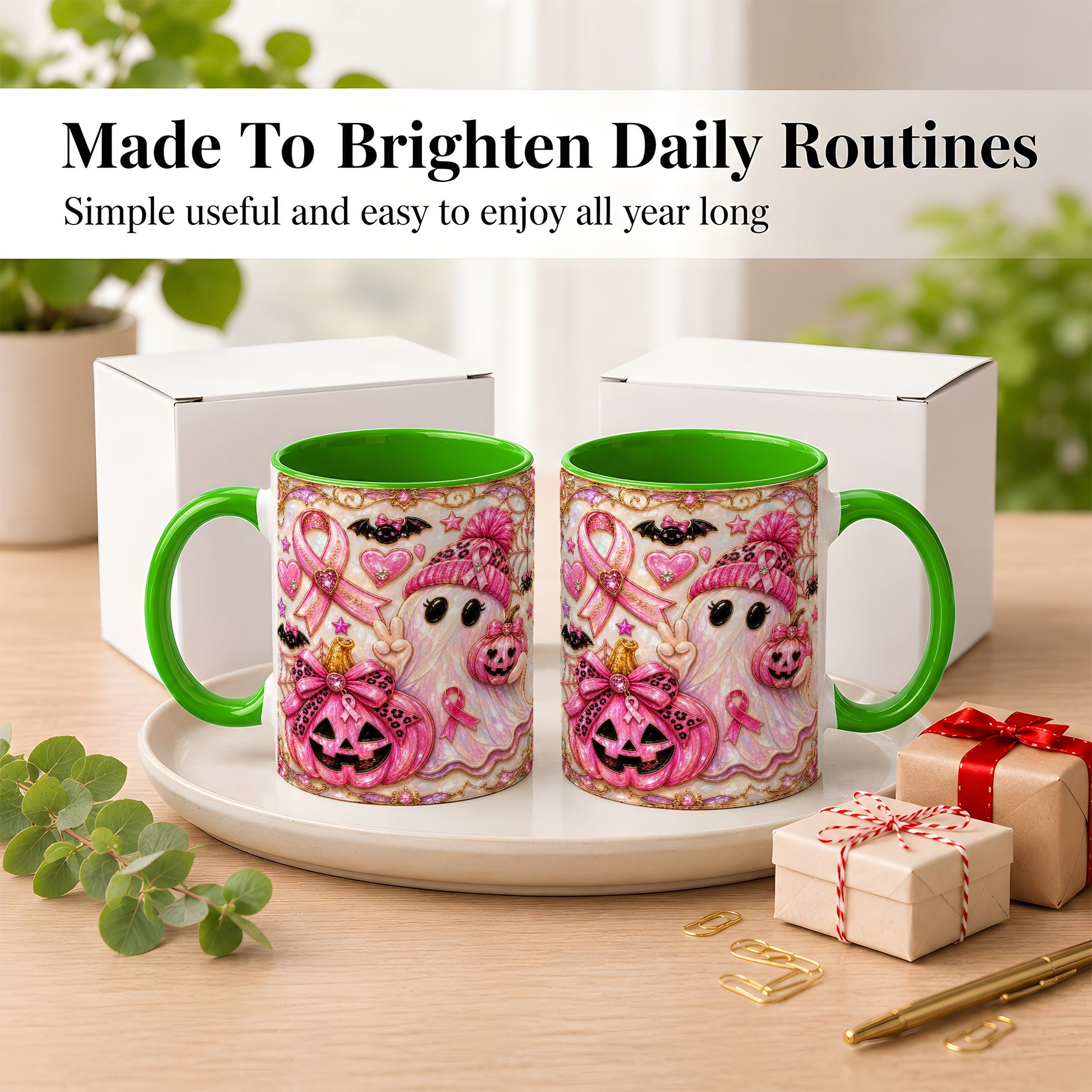 #pl[11oz|Green] Pink Ribbon Ghost Coffee Mug, Halloween Awareness Mug, Ceramic Cup