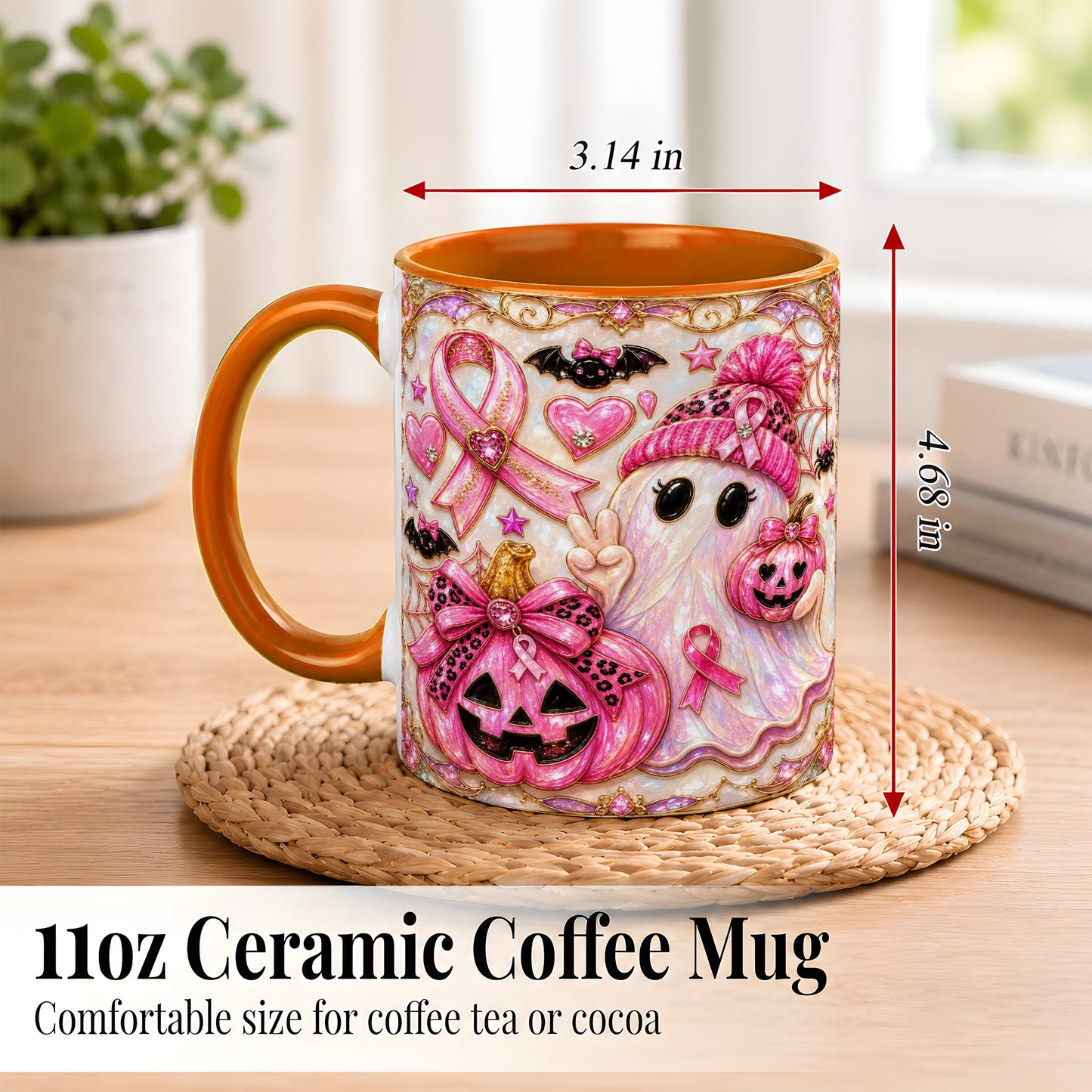 #pl[11oz|Orange] Pink Ribbon Ghost Coffee Mug, Halloween Awareness Mug, Ceramic Cup