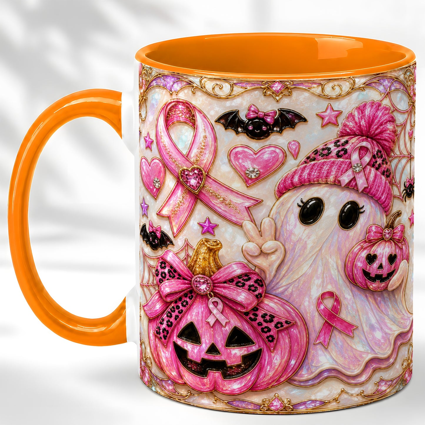 #pl[11oz|Orange] Pink Ribbon Ghost Coffee Mug, Halloween Awareness Mug, Ceramic Cup