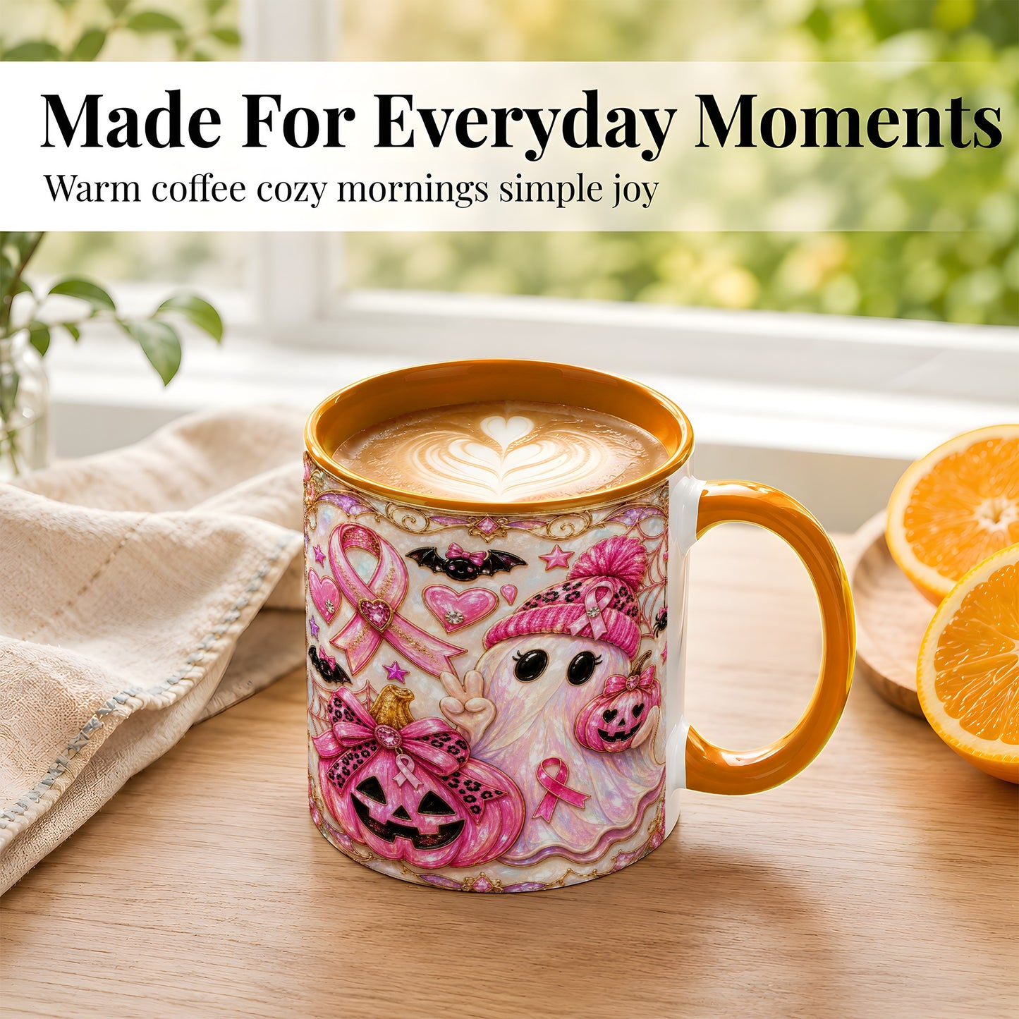 #pl[11oz|Orange] Pink Ribbon Ghost Coffee Mug, Halloween Awareness Mug, Ceramic Cup