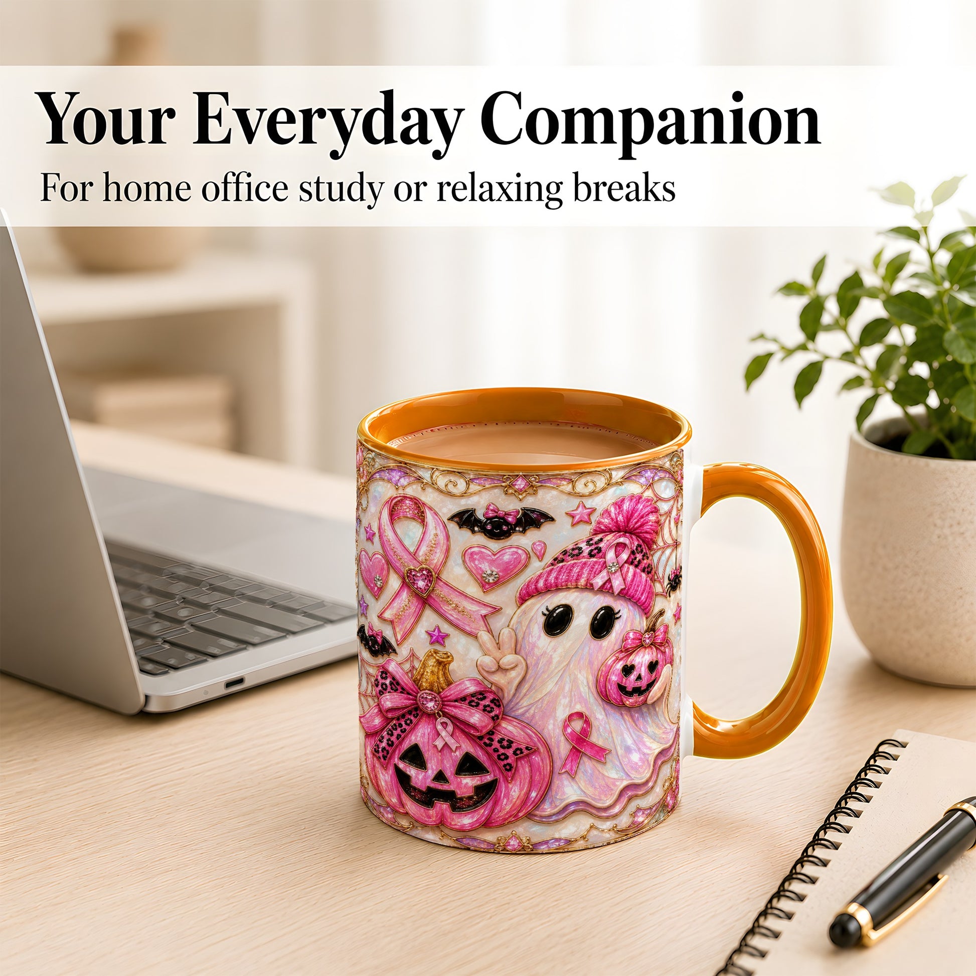 #pl[11oz|Orange] Pink Ribbon Ghost Coffee Mug, Halloween Awareness Mug, Ceramic Cup