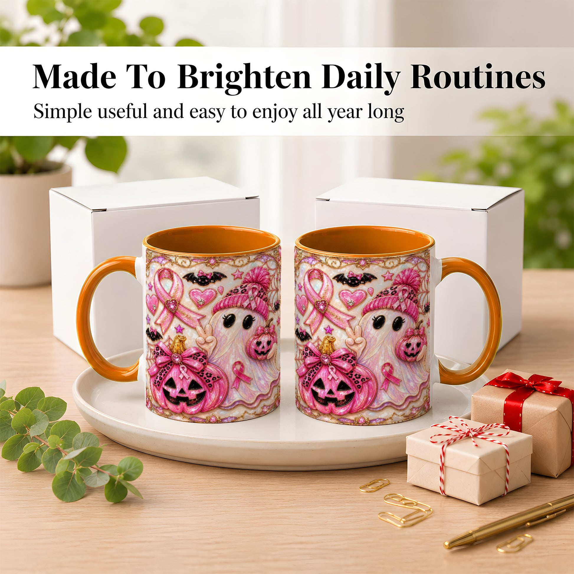 #pl[11oz|Orange] Pink Ribbon Ghost Coffee Mug, Halloween Awareness Mug, Ceramic Cup