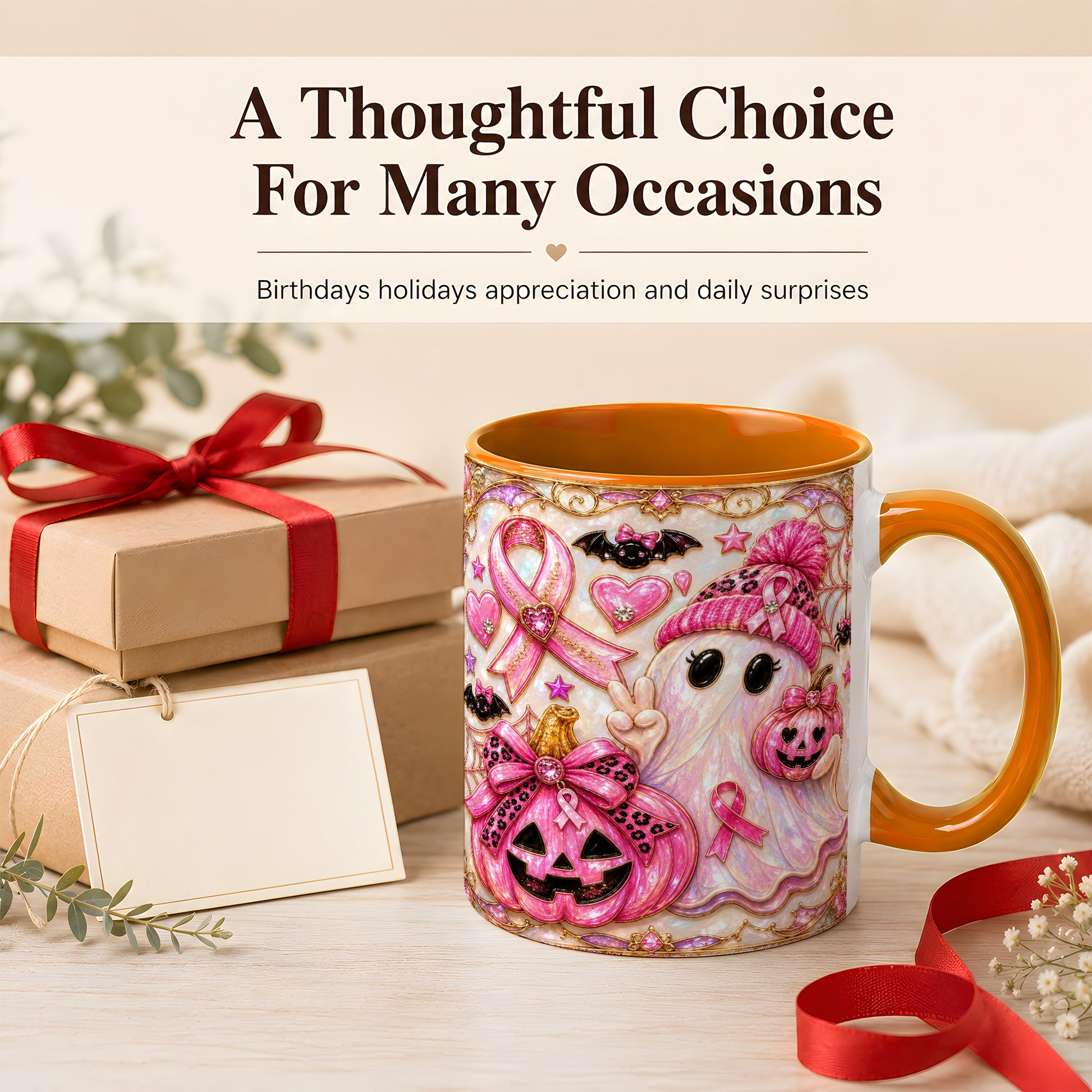 #pl[11oz|Orange] Pink Ribbon Ghost Coffee Mug, Halloween Awareness Mug, Ceramic Cup