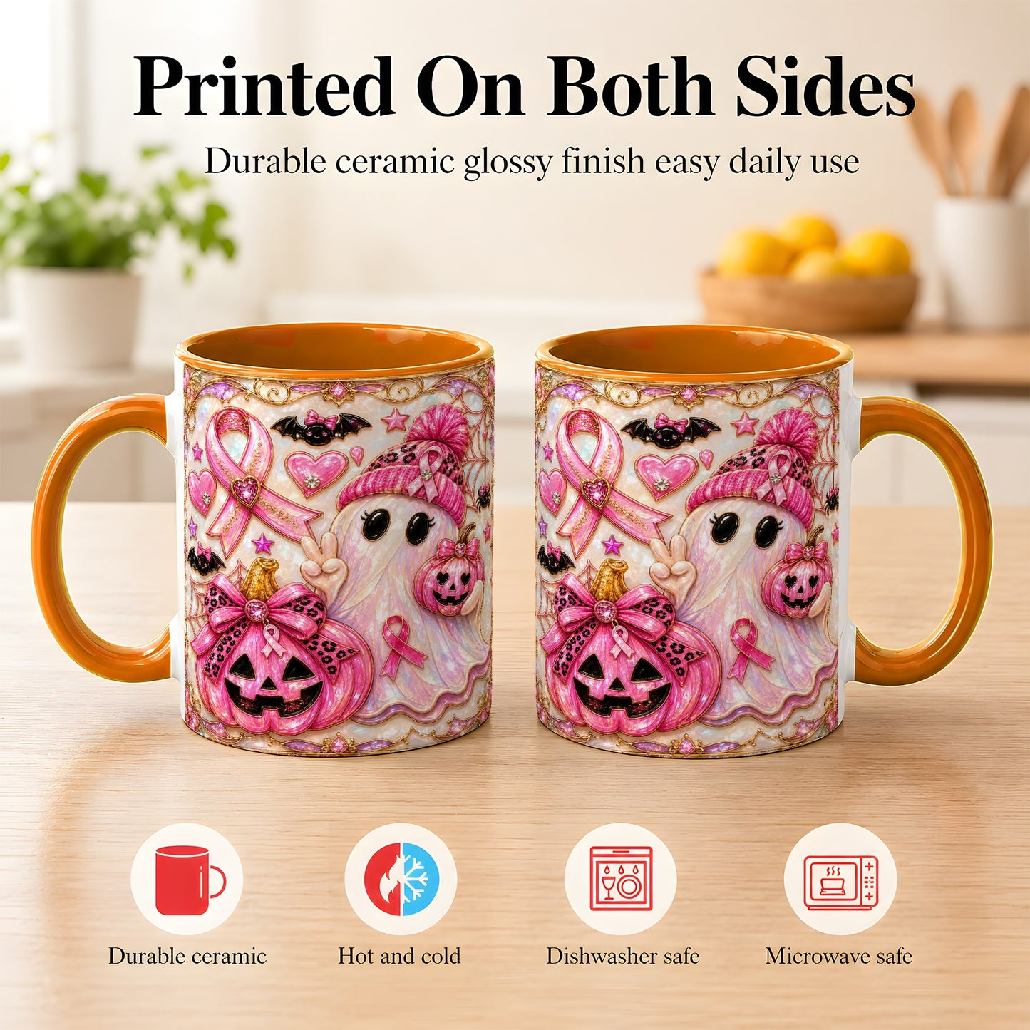 #pl[11oz|Orange] Pink Ribbon Ghost Coffee Mug, Halloween Awareness Mug, Ceramic Cup