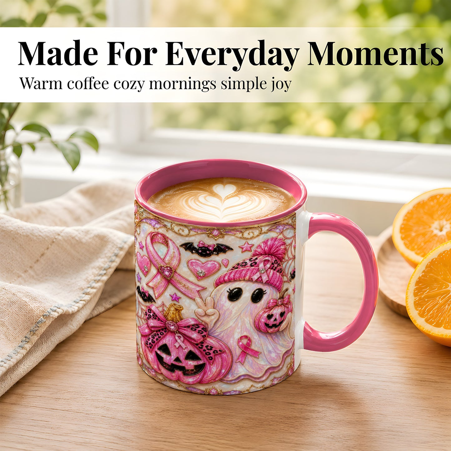 #pl[11oz|Pink] Pink Ribbon Ghost Coffee Mug, Halloween Awareness Mug, Ceramic Cup