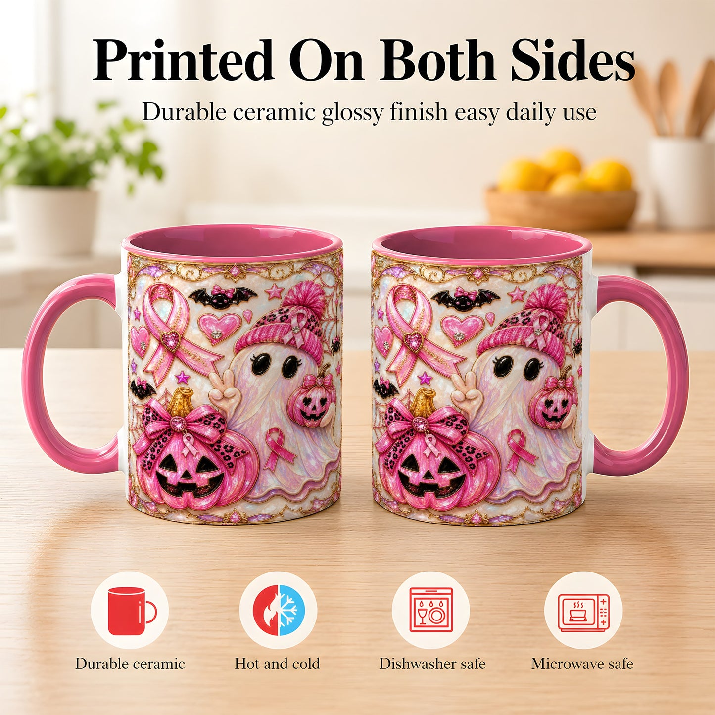 #pl[11oz|Pink] Pink Ribbon Ghost Coffee Mug, Halloween Awareness Mug, Ceramic Cup