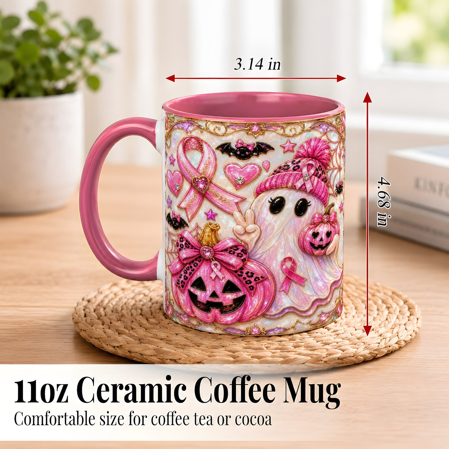 #pl[11oz|Pink] Pink Ribbon Ghost Coffee Mug, Halloween Awareness Mug, Ceramic Cup