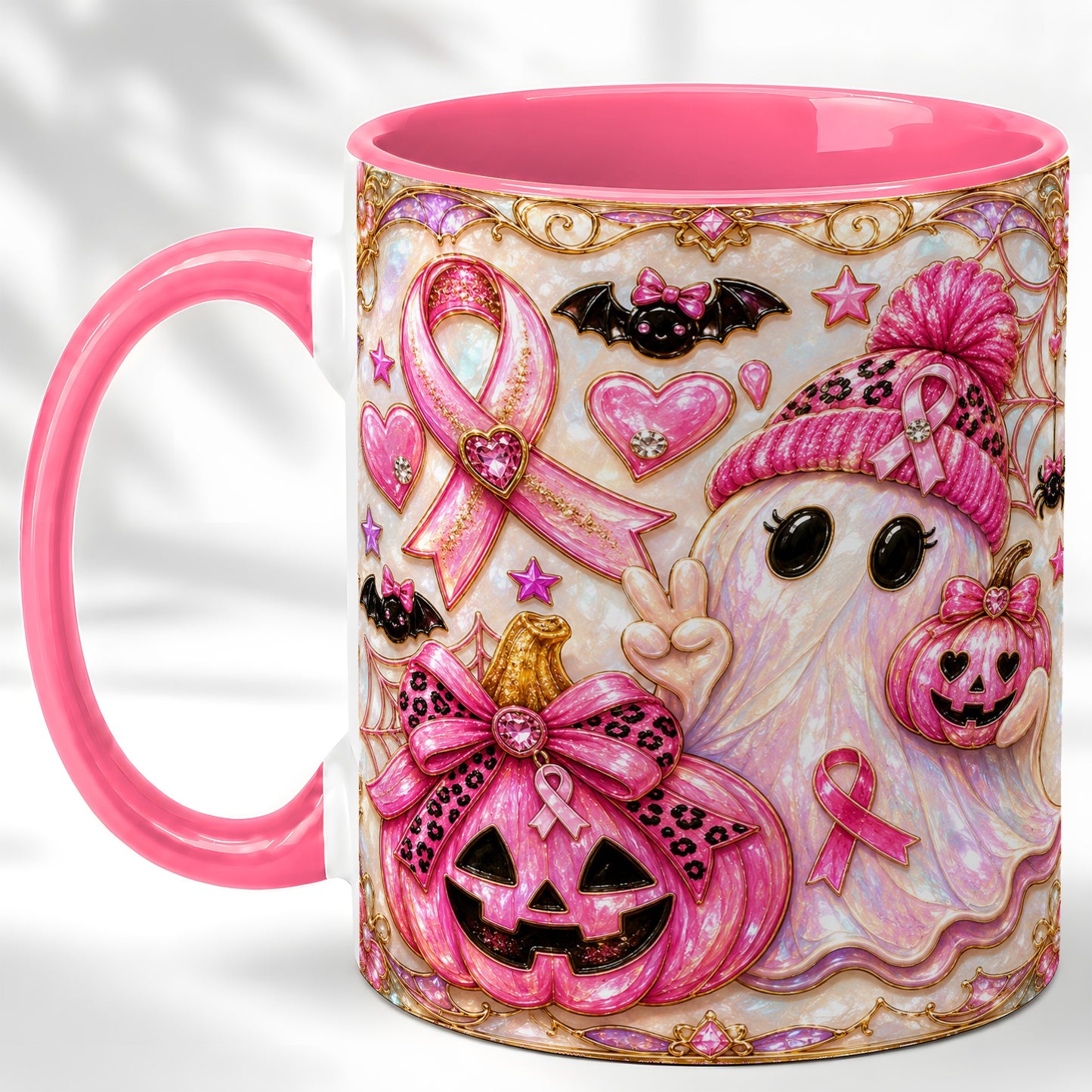 #pl[11oz|Pink] Pink Ribbon Ghost Coffee Mug, Halloween Awareness Mug, Ceramic Cup