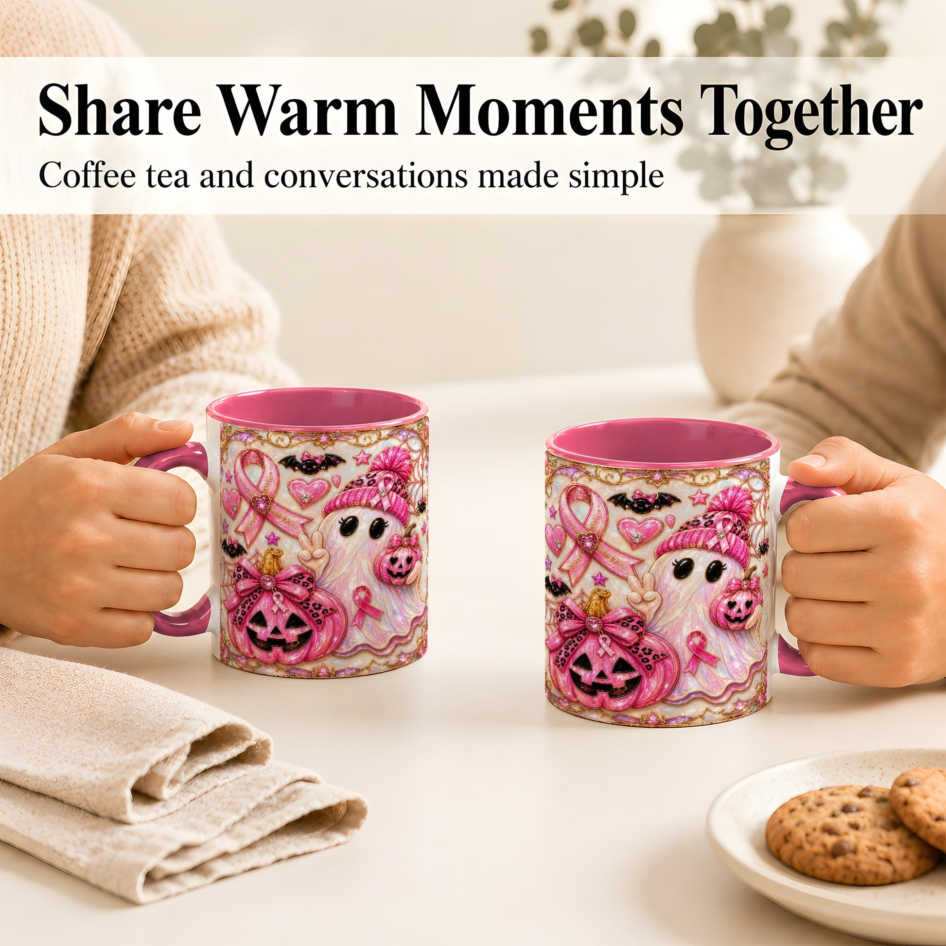 #pl[11oz|Pink] Pink Ribbon Ghost Coffee Mug, Halloween Awareness Mug, Ceramic Cup
