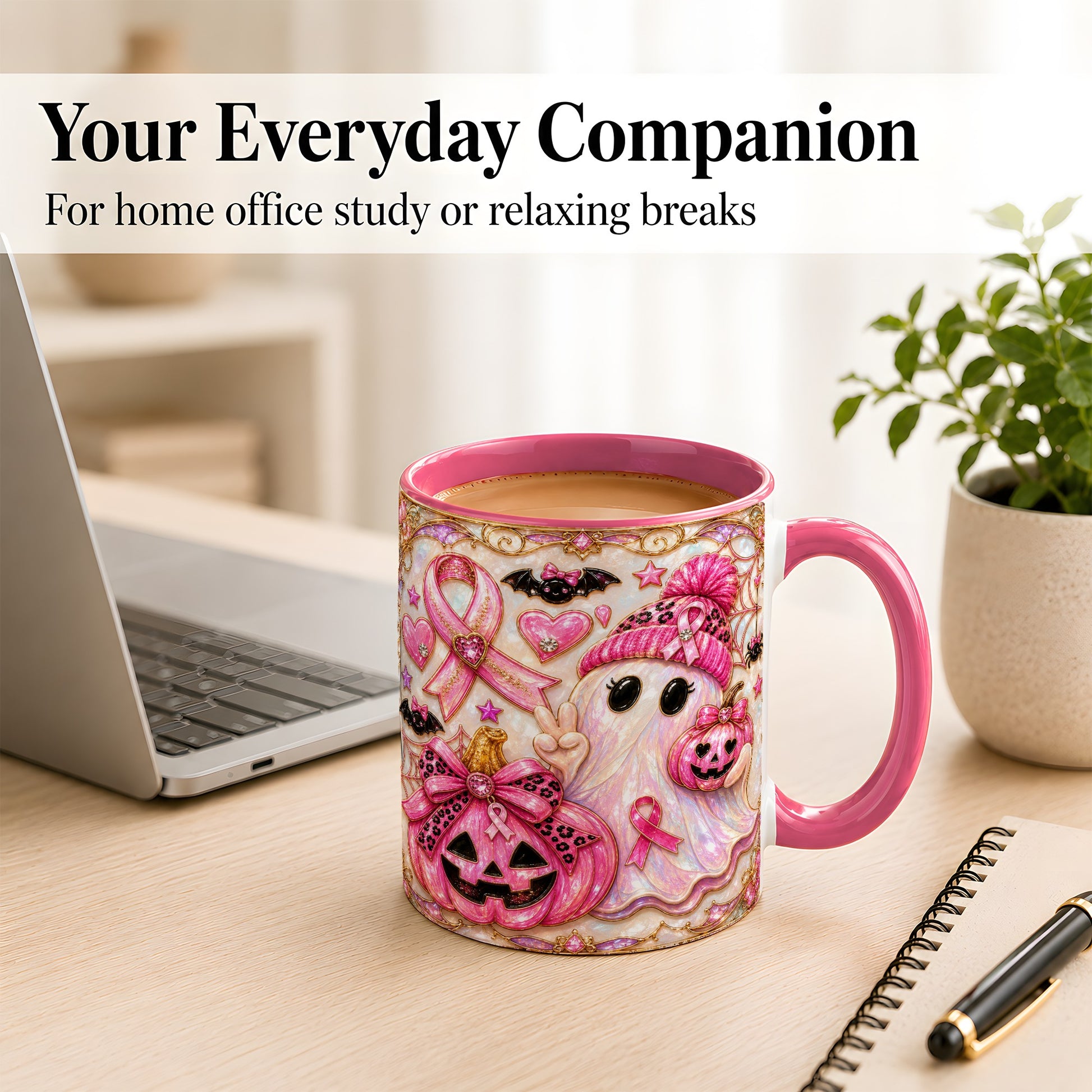 #pl[11oz|Pink] Pink Ribbon Ghost Coffee Mug, Halloween Awareness Mug, Ceramic Cup