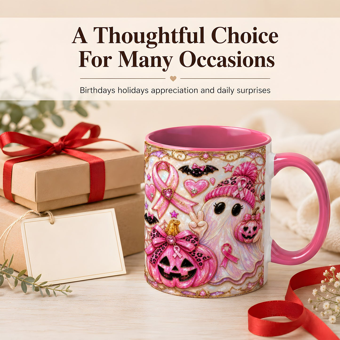 #pl[11oz|Pink] Pink Ribbon Ghost Coffee Mug, Halloween Awareness Mug, Ceramic Cup