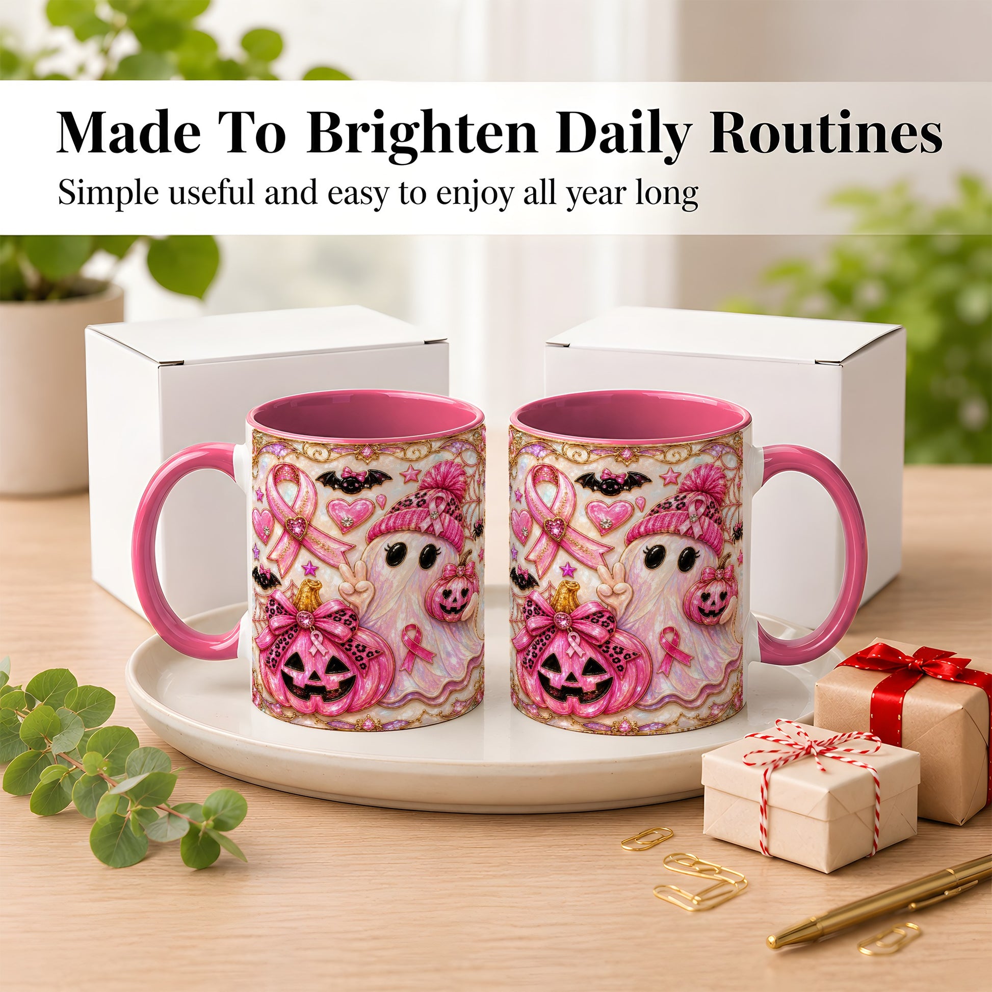 #pl[11oz|Pink] Pink Ribbon Ghost Coffee Mug, Halloween Awareness Mug, Ceramic Cup