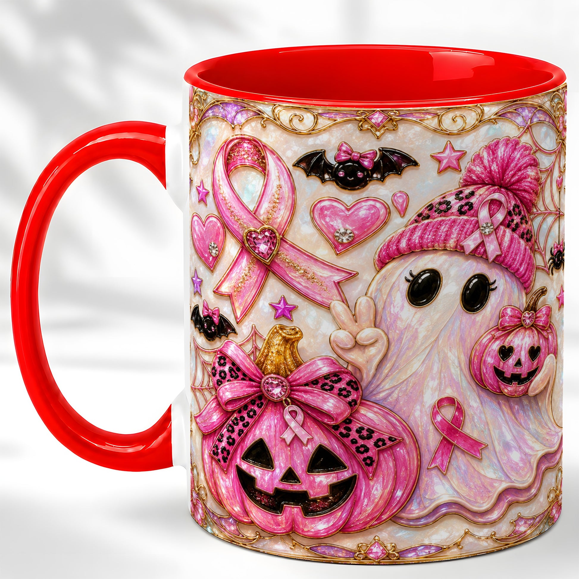 #pl[11oz|Red] Pink Ribbon Ghost Coffee Mug, Halloween Awareness Mug, Ceramic Cup