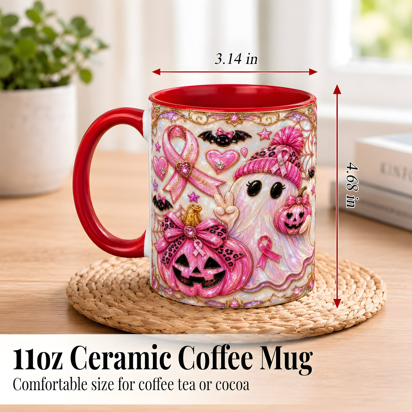 #pl[11oz|Red] Pink Ribbon Ghost Coffee Mug, Halloween Awareness Mug, Ceramic Cup