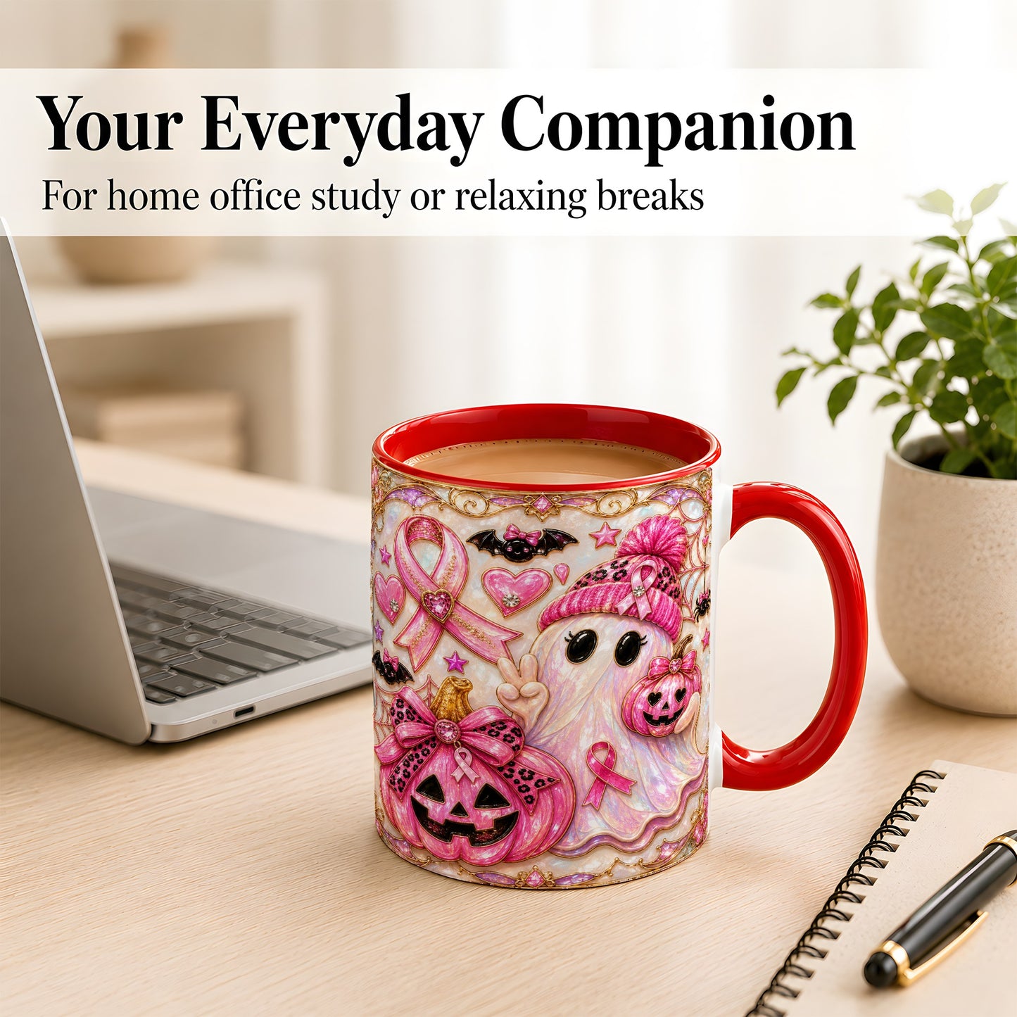 #pl[11oz|Red] Pink Ribbon Ghost Coffee Mug, Halloween Awareness Mug, Ceramic Cup