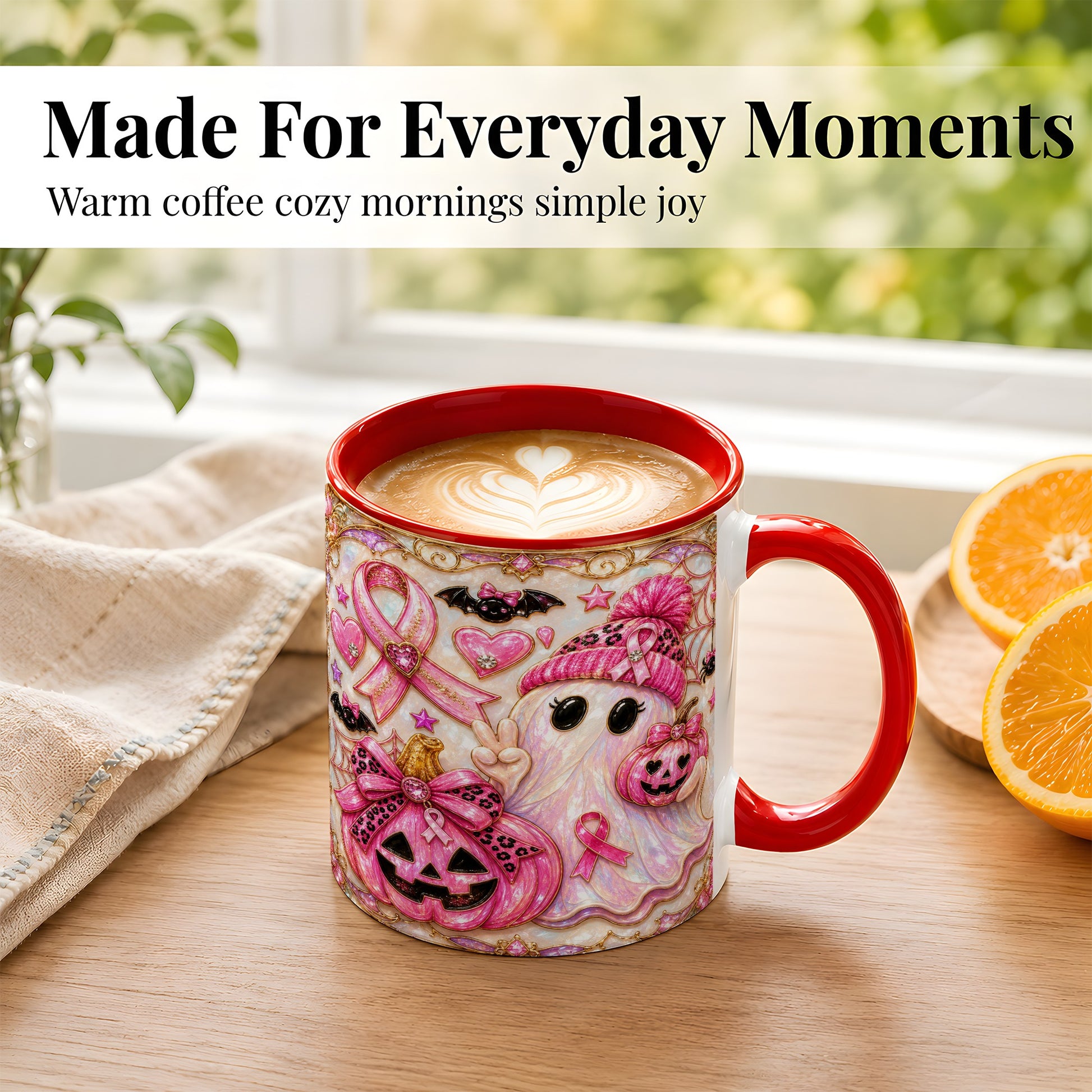 #pl[11oz|Red] Pink Ribbon Ghost Coffee Mug, Halloween Awareness Mug, Ceramic Cup