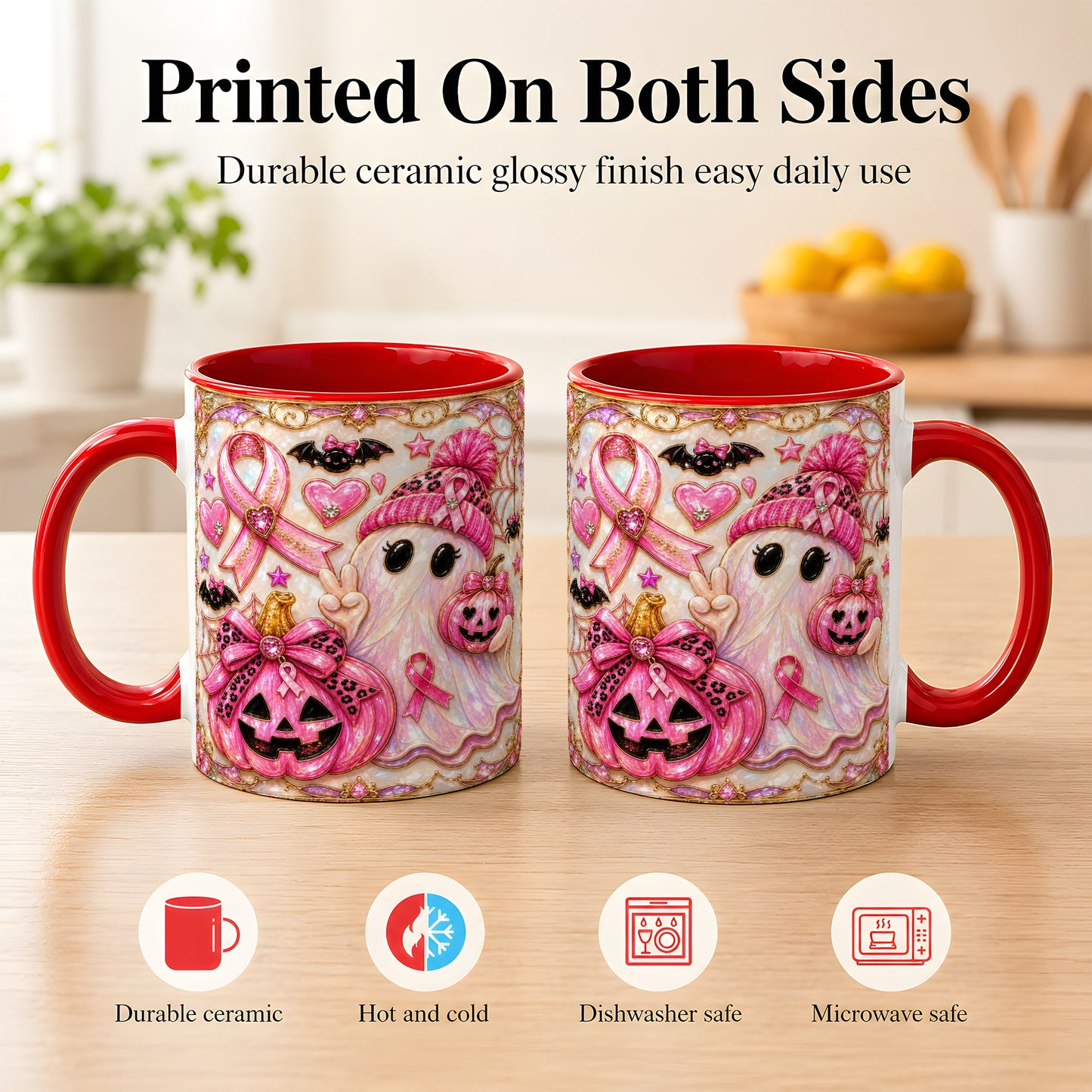 #pl[11oz|Red] Pink Ribbon Ghost Coffee Mug, Halloween Awareness Mug, Ceramic Cup