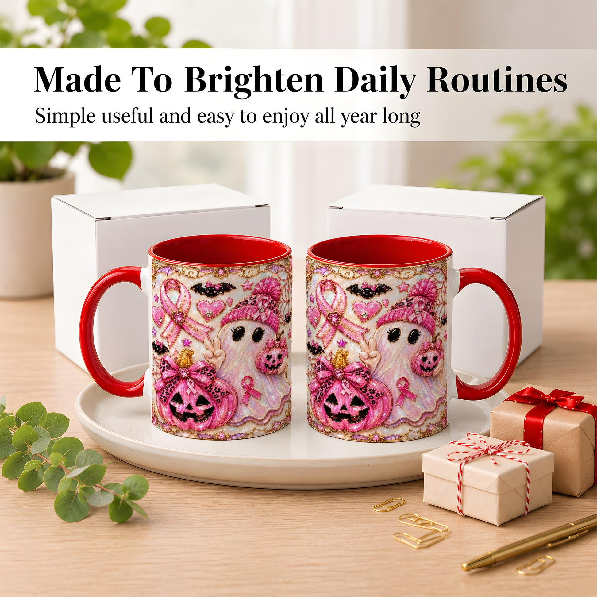 #pl[11oz|Red] Pink Ribbon Ghost Coffee Mug, Halloween Awareness Mug, Ceramic Cup