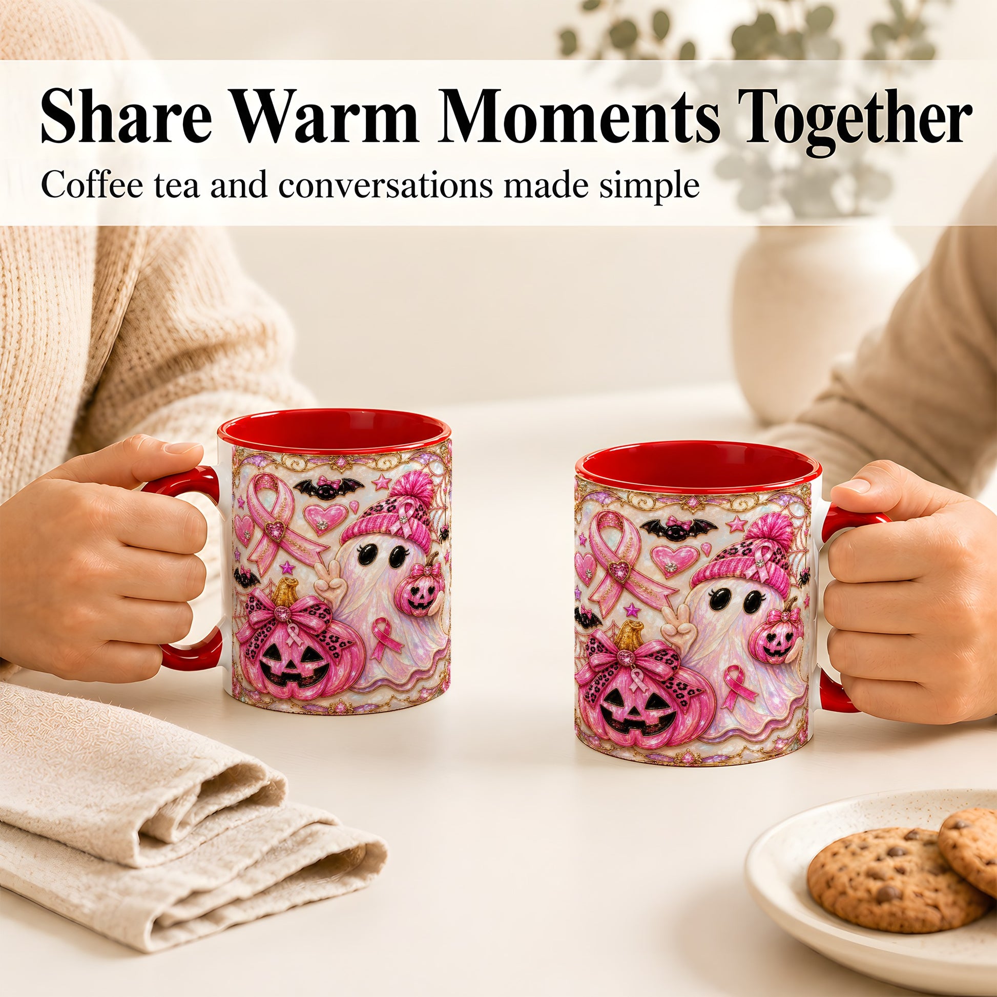 #pl[11oz|Red] Pink Ribbon Ghost Coffee Mug, Halloween Awareness Mug, Ceramic Cup