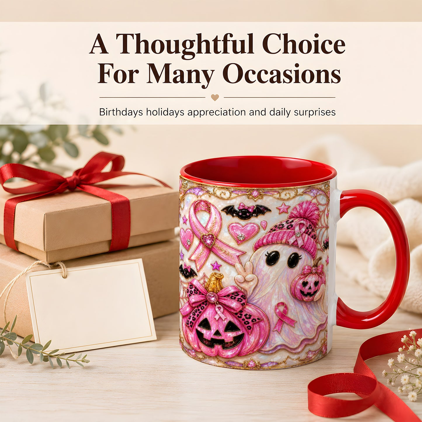 #pl[11oz|Red] Pink Ribbon Ghost Coffee Mug, Halloween Awareness Mug, Ceramic Cup