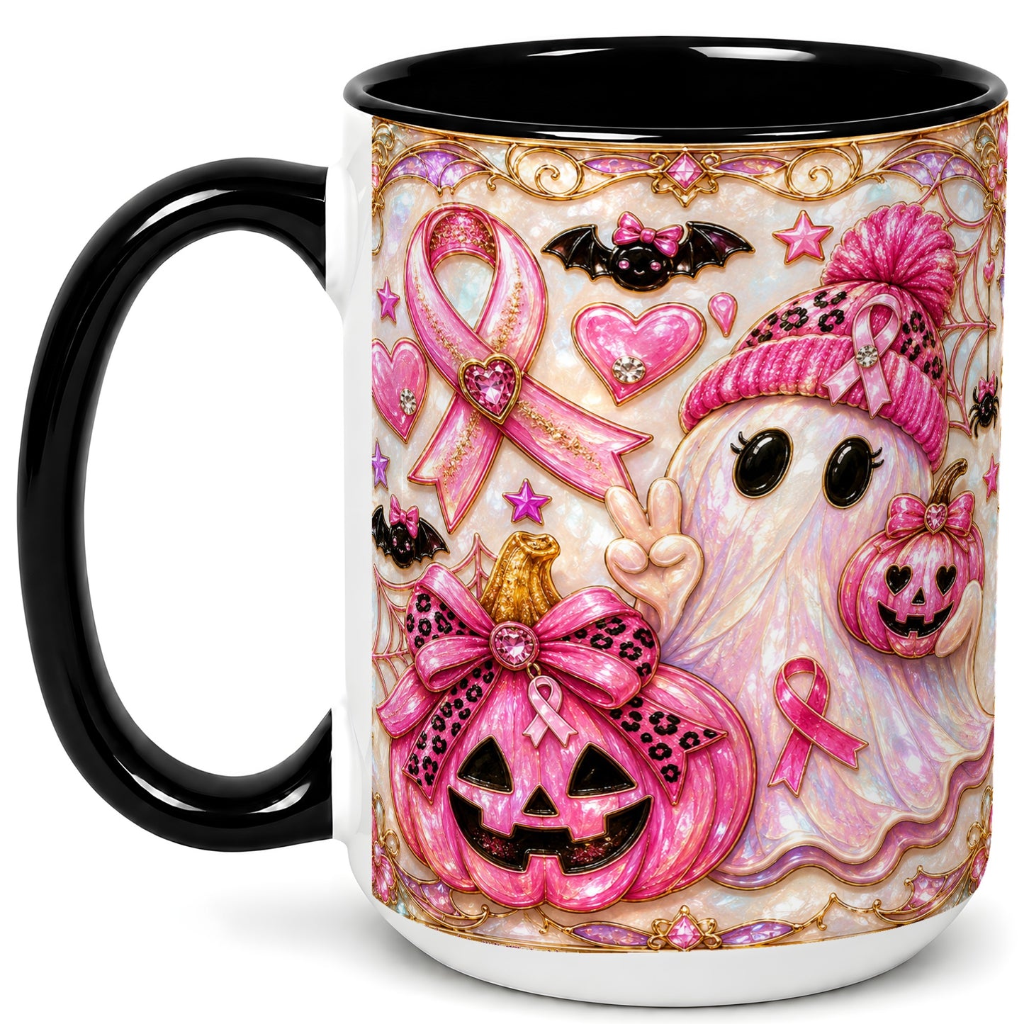 #pl[15oz|Black] Pink Ribbon Ghost Coffee Mug, Halloween Awareness Mug, Ceramic Cup